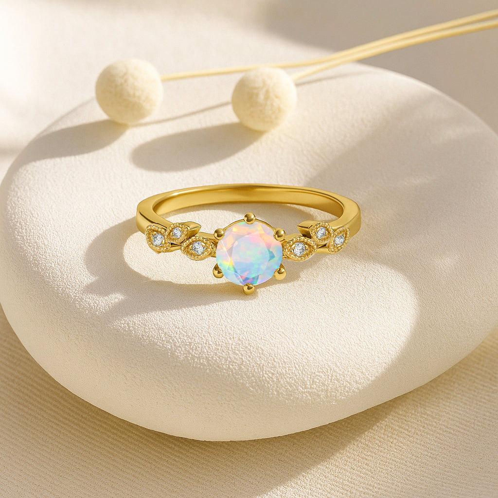 Fire White Opal and Cubic Zirconia Engagement Classical Solitaire Ring
