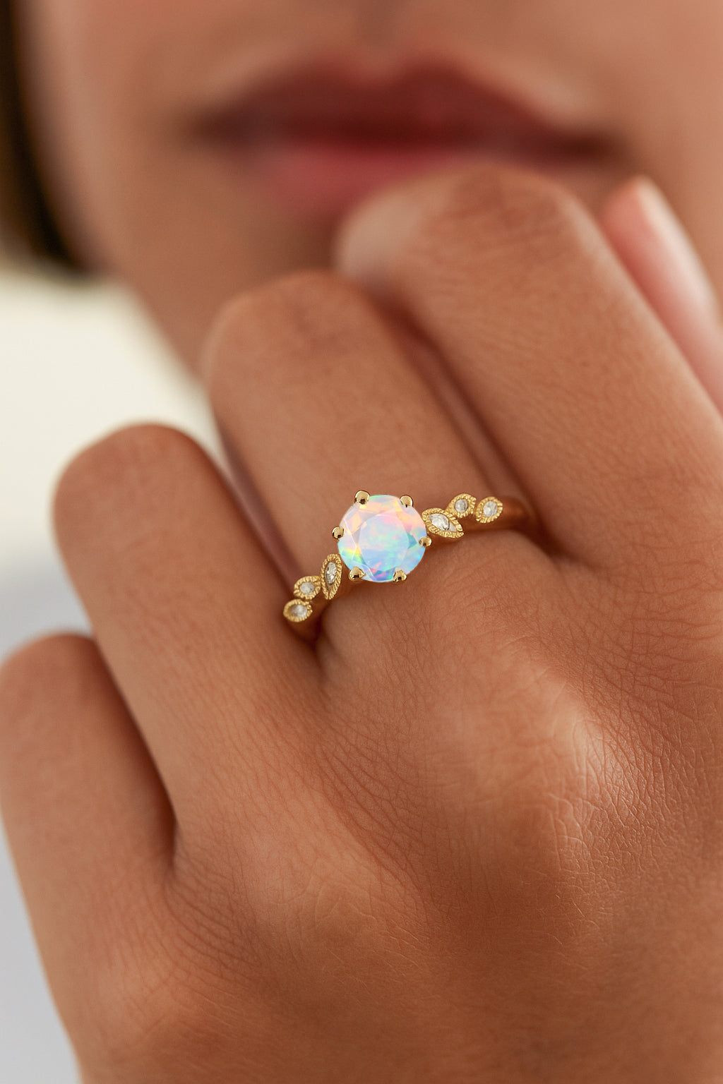 Fire White Opal and Cubic Zirconia Engagement Classical Solitaire Ring