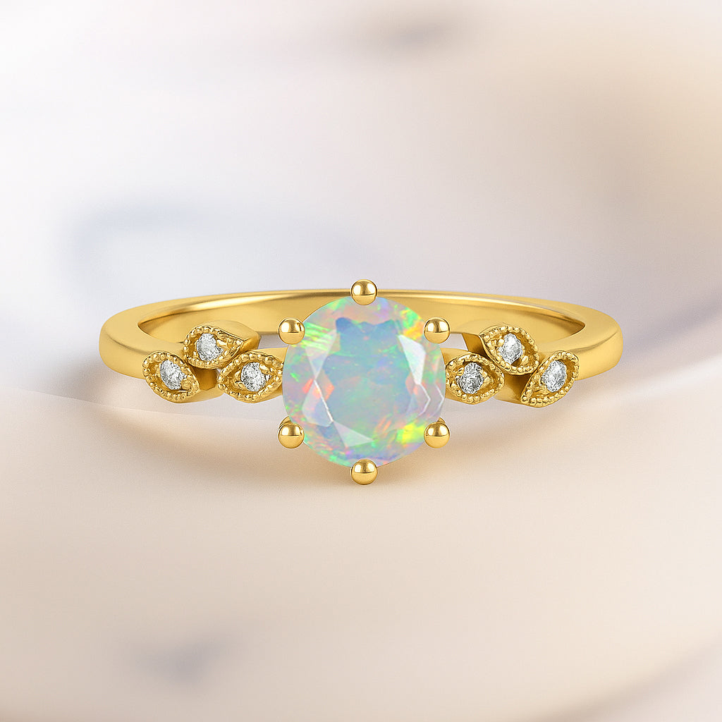 Fire White Opal and Cubic Zirconia Engagement Classical Solitaire Ring