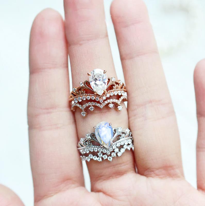 Pear Shape Natural Moonstone Crown Style Wishbone Ring