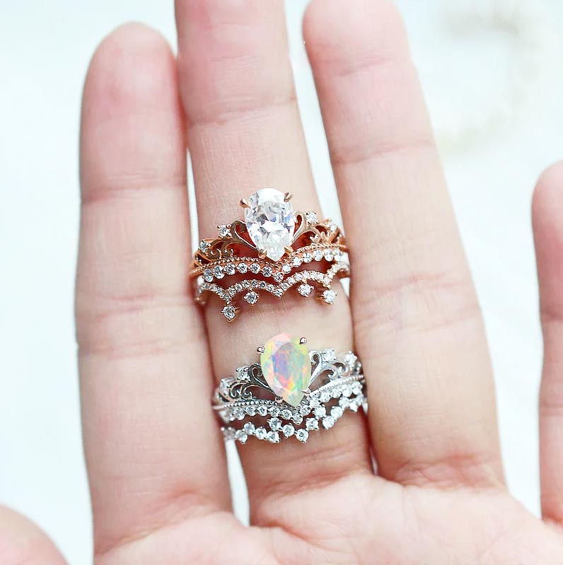Pear Shape Natural White Opal Crown Style Wishbone Ring
