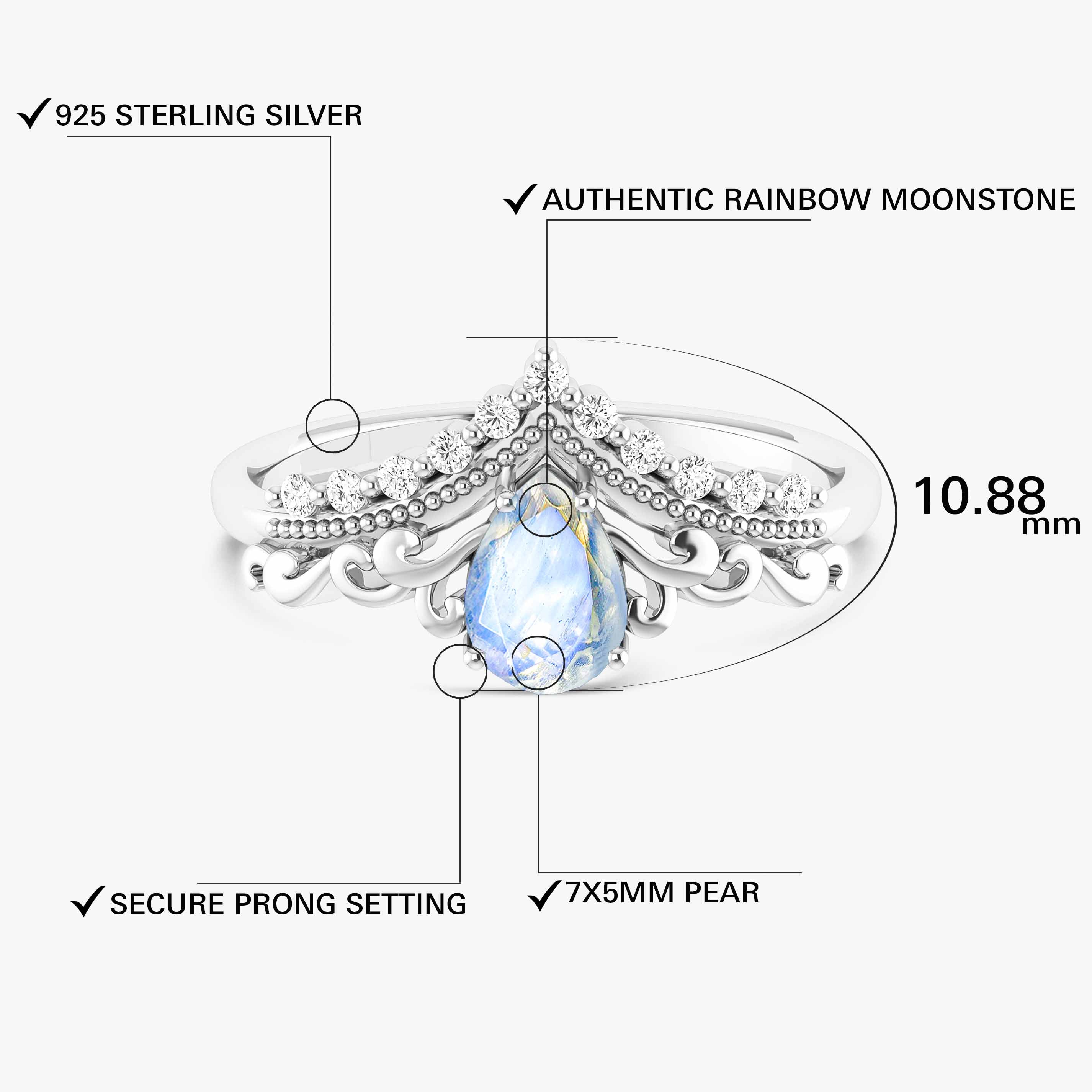 Natural Moonstone Gemstone Crown Style Ring