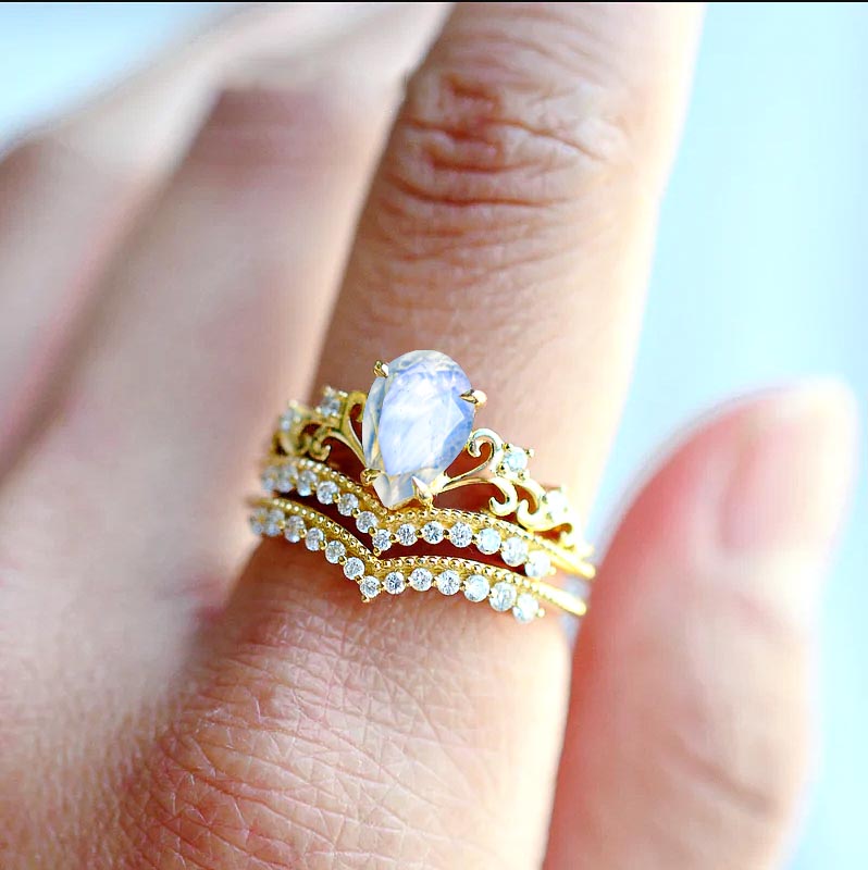 Pear Shape Natural Moonstone Crown Style Wishbone Ring