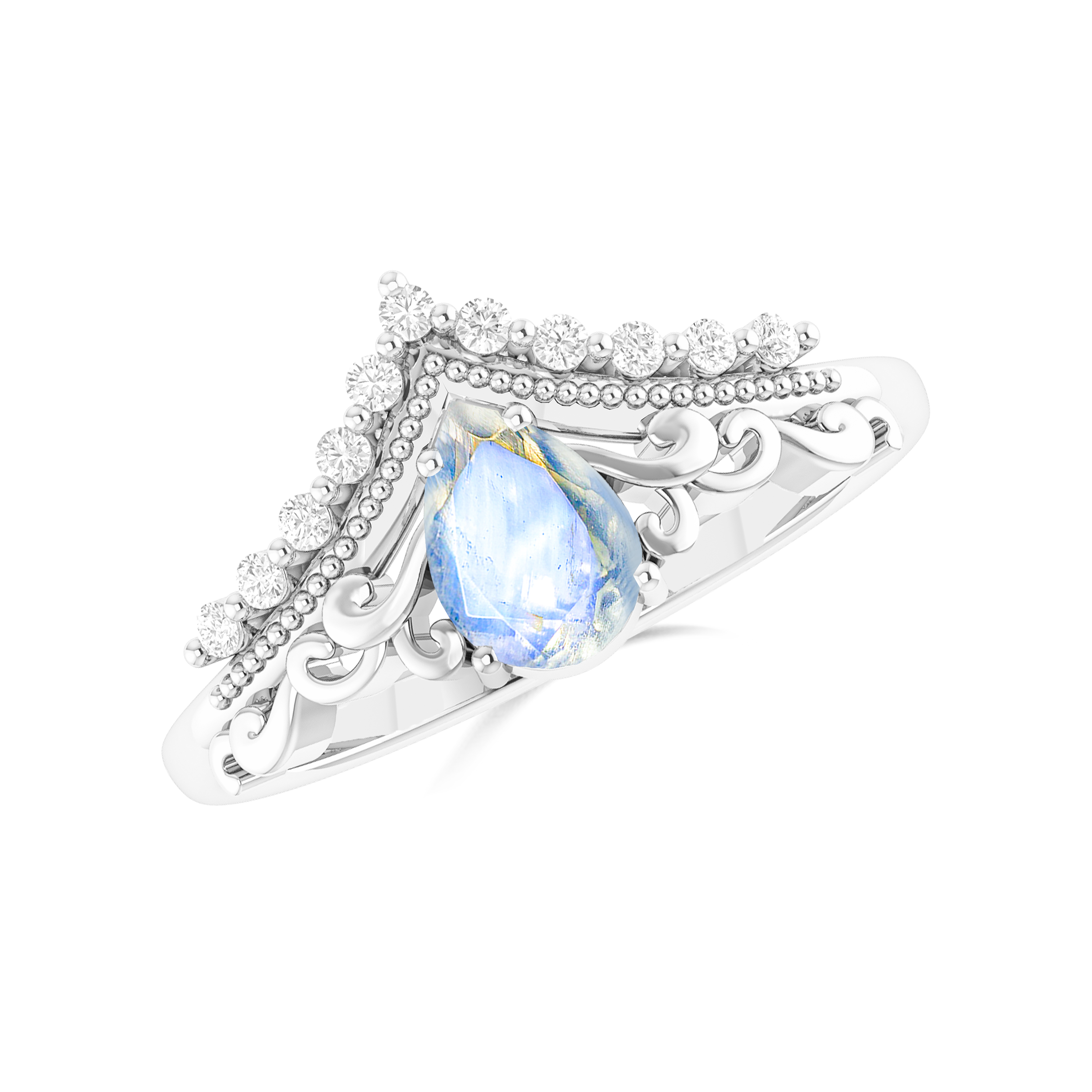 Pear Shape Natural Moonstone Crown Style Wishbone Ring