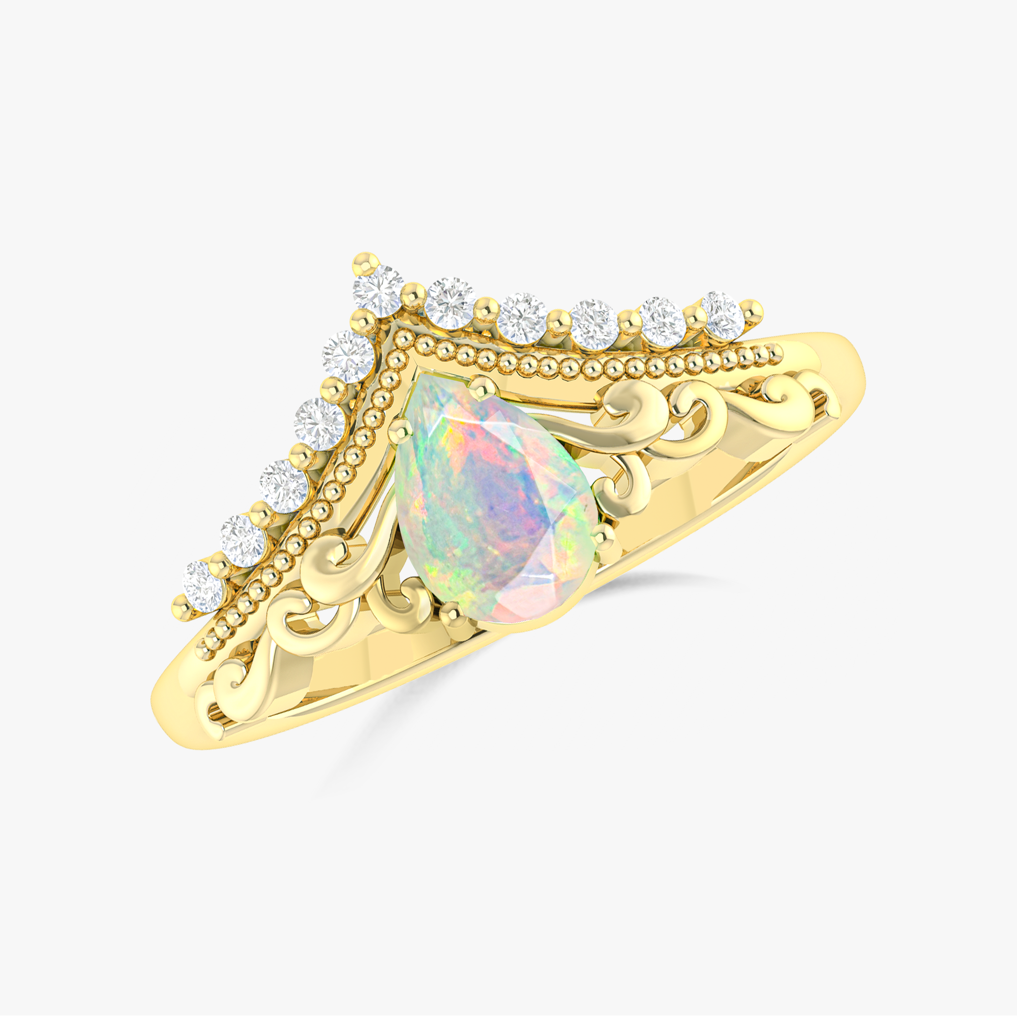 Pear Shape Natural White Opal Crown Style Wishbone Ring