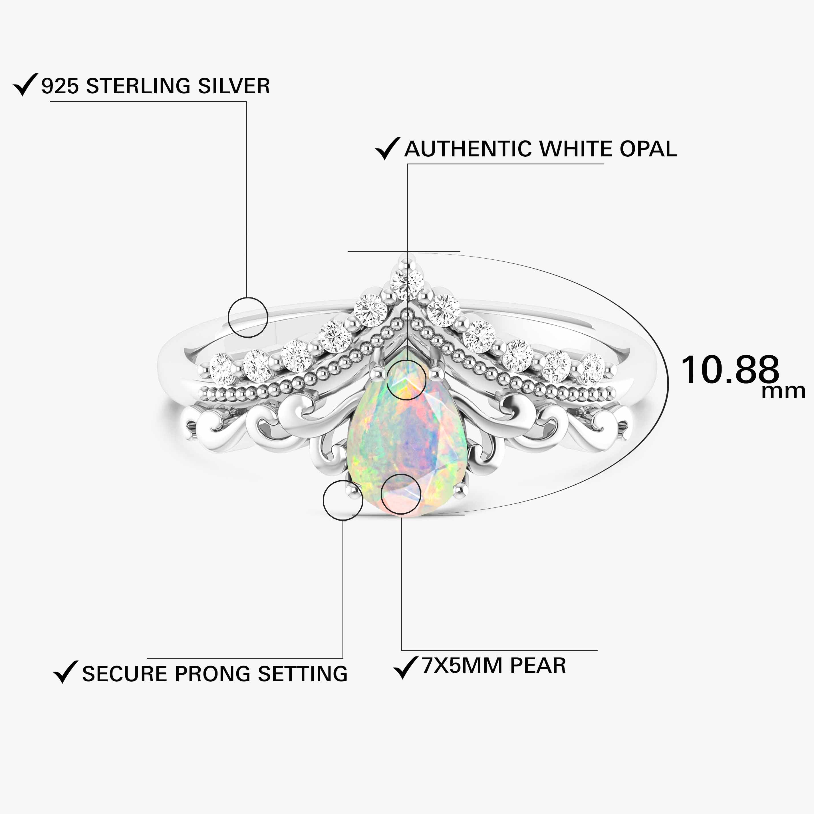 Pear Shape Natural White Opal Crown Style Wishbone Ring