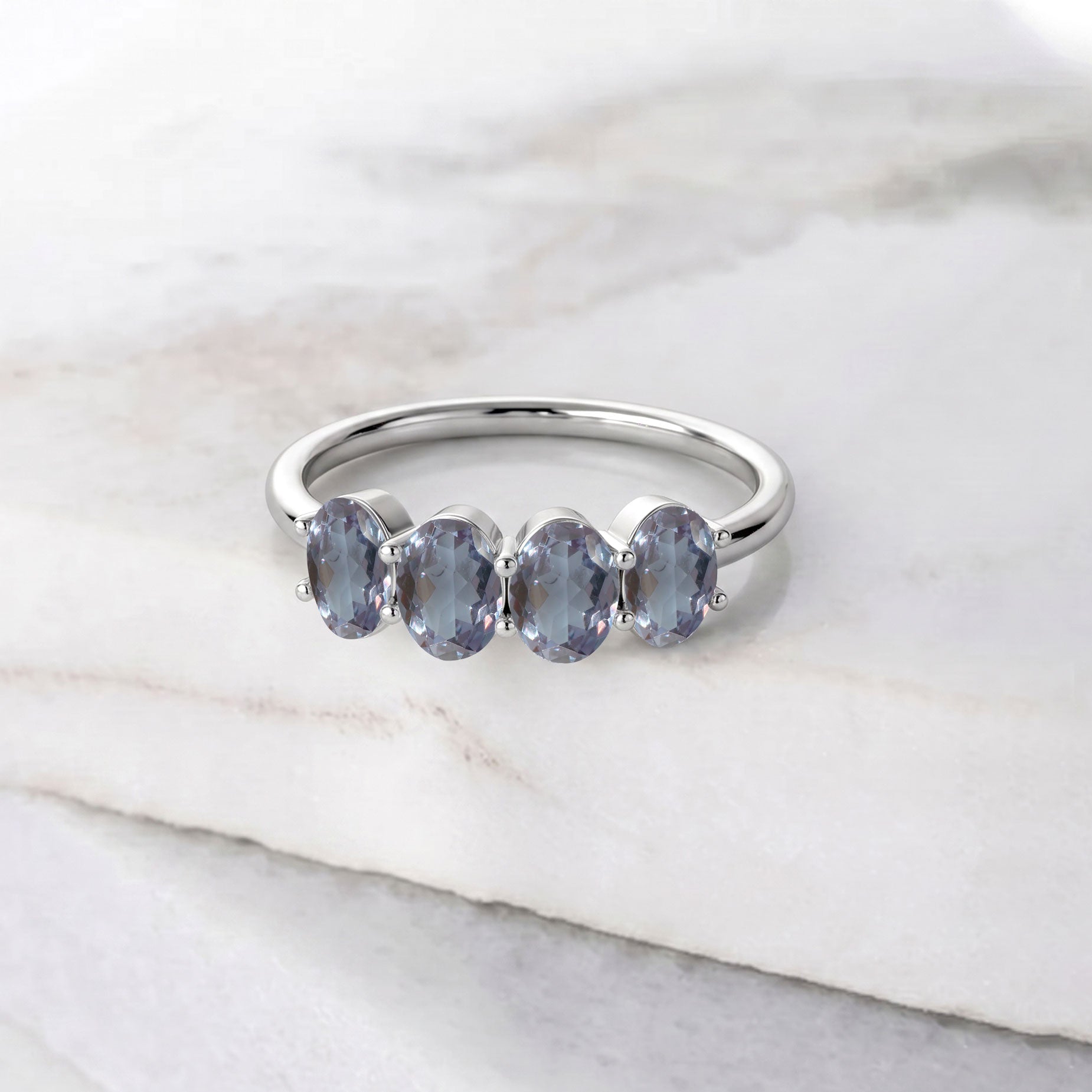 Alexandrite Sterling Ring, Four Stone Stackable Ring, Oval Gemstone Jewelry, Handmade Band Ring, Minimalist Silver Ring, Elegant Fashion Jewelry, Women's Gift, Promise Ring, Anniversary Jewelry, Fine Accessories