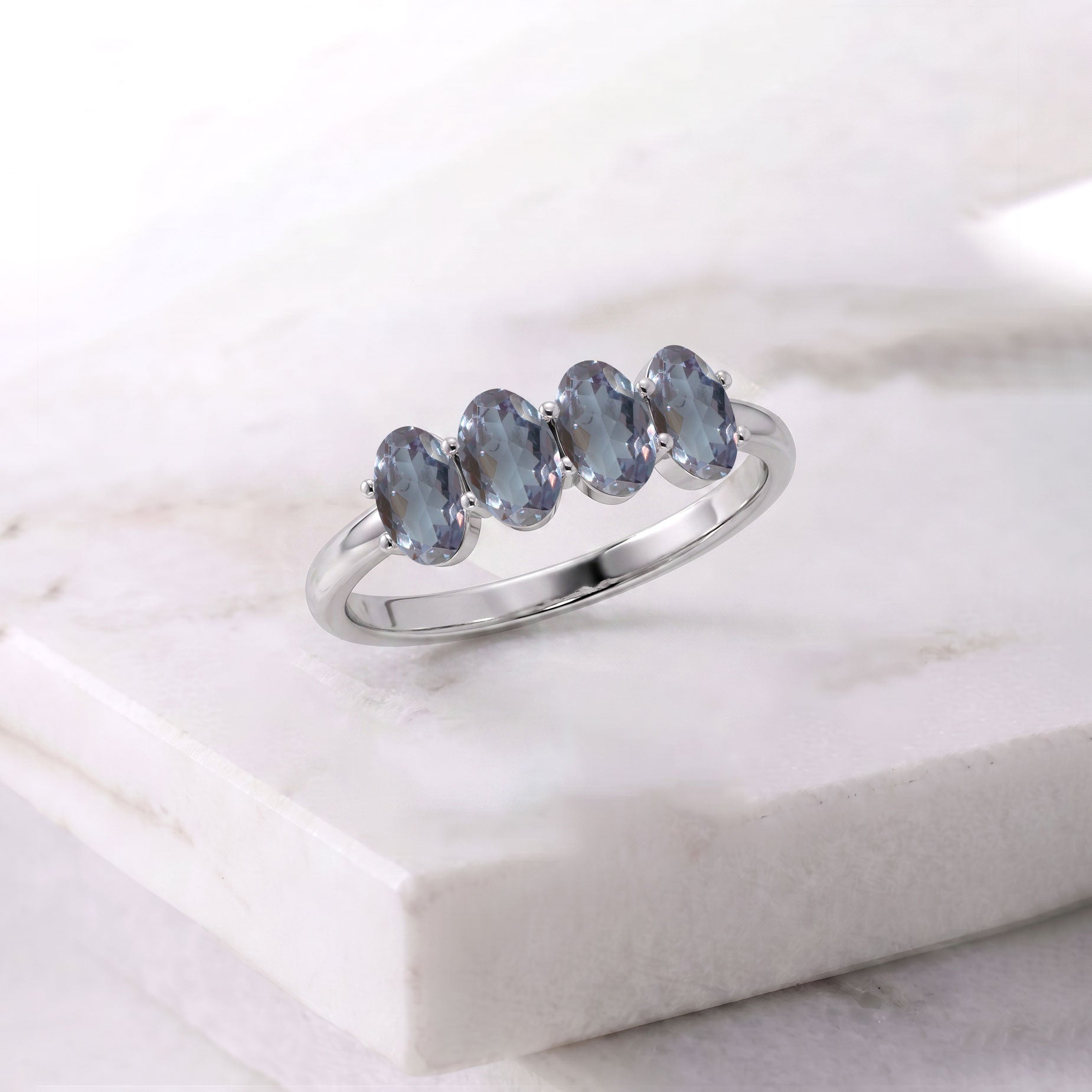Alexandrite Gemstone Jewelry, Four Oval Gemstones, Sterling Silver Ring, Handmade Minimal Ring, Fine Women's Jewelry, Fashion Ring, Everyday Wear, Elegant Band, Stacking Ring, Birthday Gift