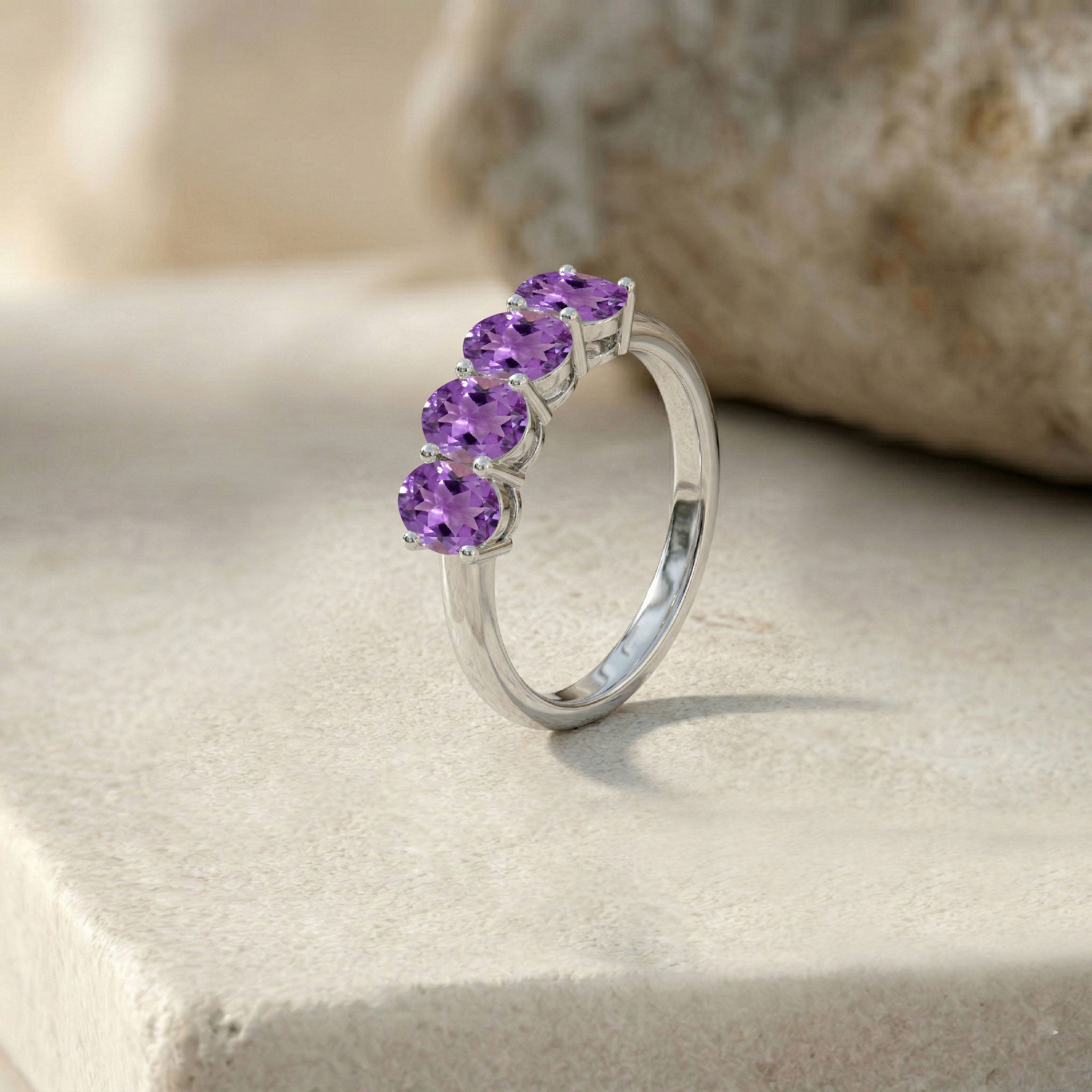 natural oval amethyst ring, premium gemstone jewelry, four gemstone band, sophisticated stacking ring, polished sterling silver option, gold filled option, artisan handmade jewelry, timeless fine accessory, elegant gift for her, modern luxury style
