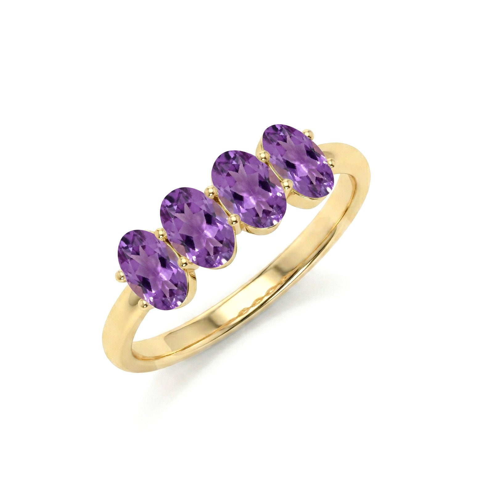 fine amethyst gemstone ring, elegant four stone jewelry, vibrant purple gemstone band, minimalist luxury accessory, handcrafted ring design, refined women's fashion, premium gemstone setting, stackable jewelry style, timeless craftsmanship, genuine gemstone beauty