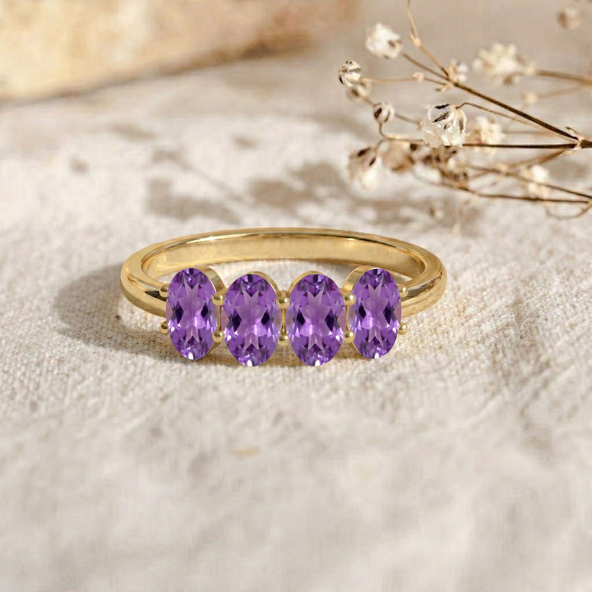 925 sterling silver amethyst ring, natural purple gemstone, four oval stone band, polished silver jewelry, handcrafted gemstone ring, elegant everyday accessory, February birthday gift, minimalist ring style, luxury women's jewelry, timeless elegance