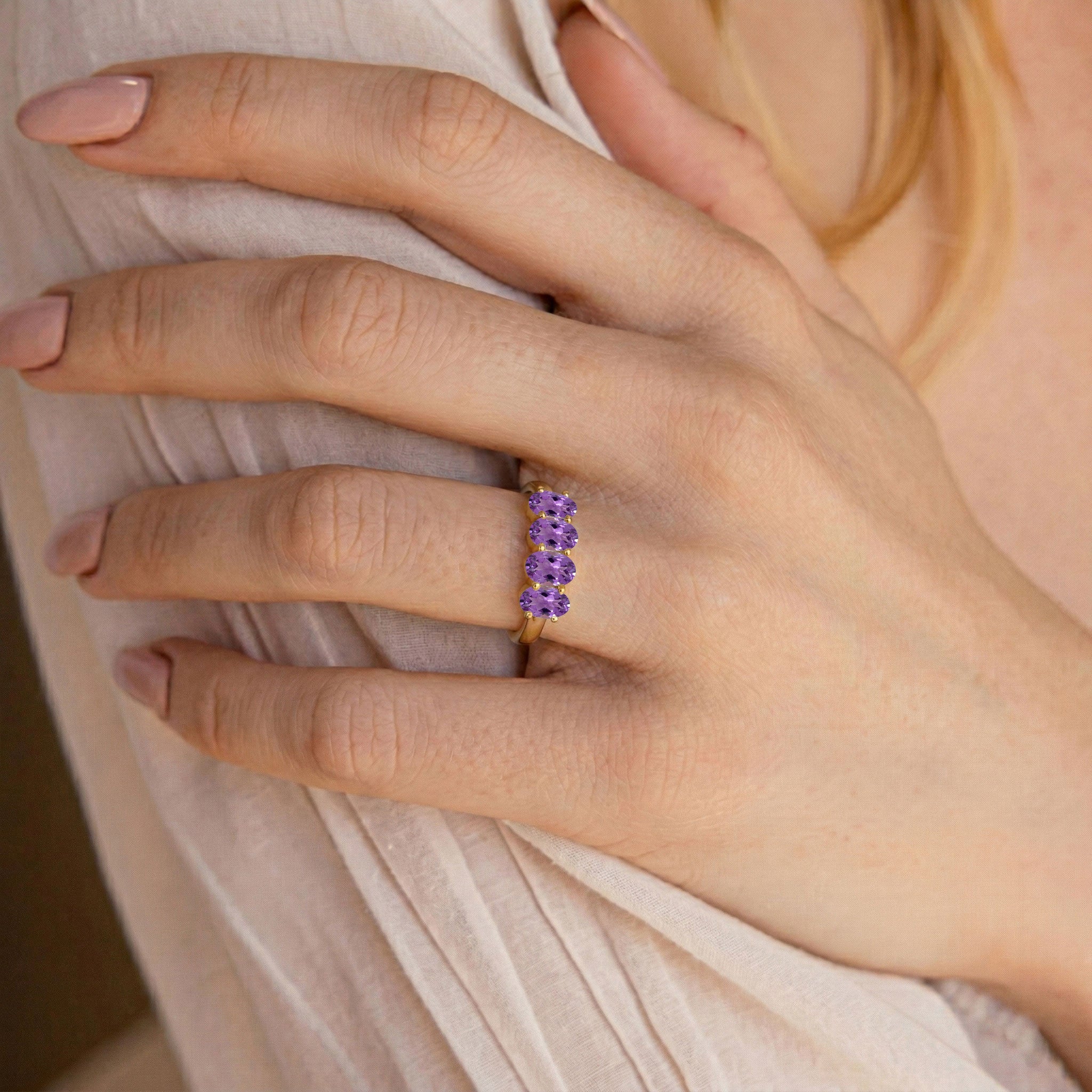 yellow gold filled amethyst ring, purple oval gemstones, luxury gemstone band, artisan jewelry, elegant fashion ring, modern fine jewelry, vibrant amethyst stones, dainty women's ring, everyday luxury jewelry, premium gemstone design