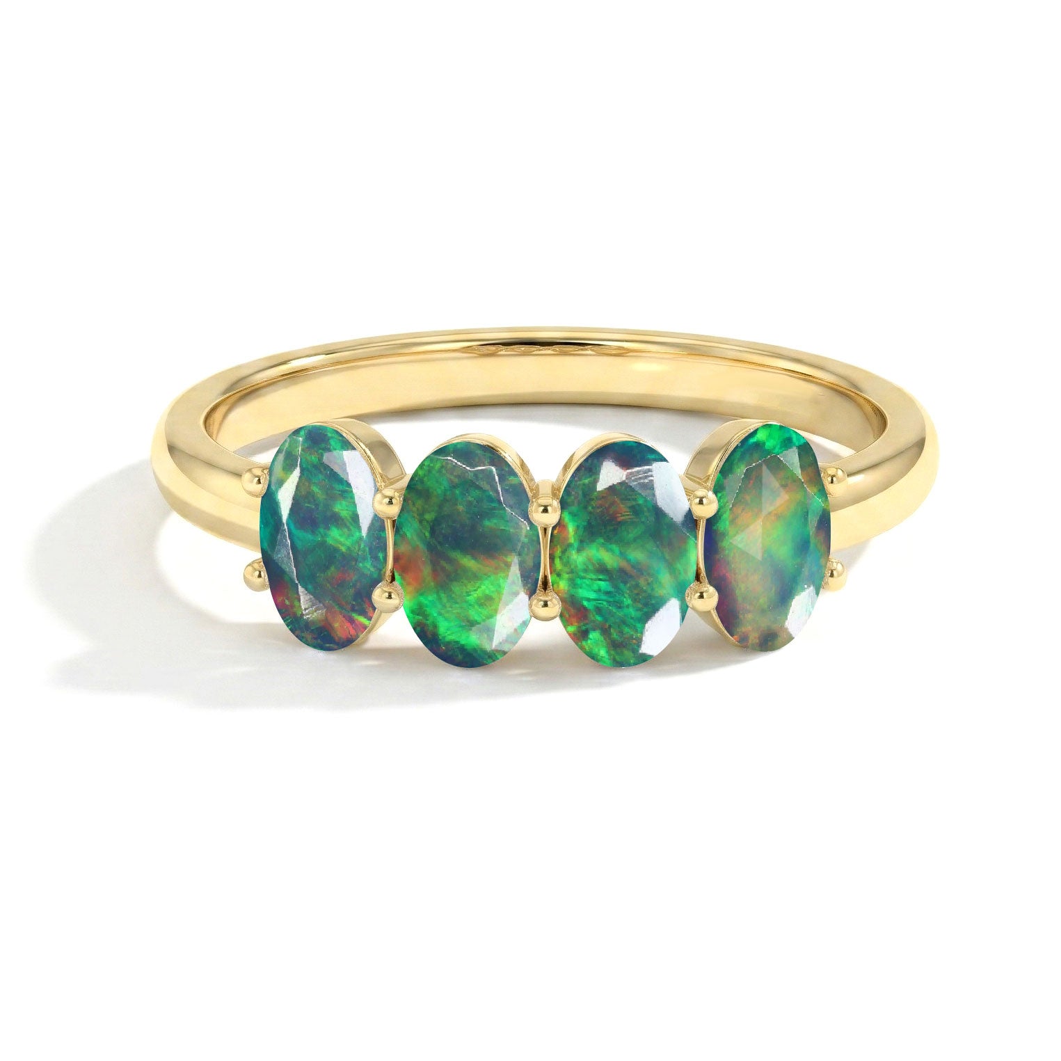 yellow gold filled black opal ring, faceted oval gemstones, luxury fashion ring, artisan jewelry, vibrant gemstone band, anniversary gift ring, fine jewelry design, contemporary ring style, colorful opal band, dainty everyday jewelry, gift for her, unique gemstone ring