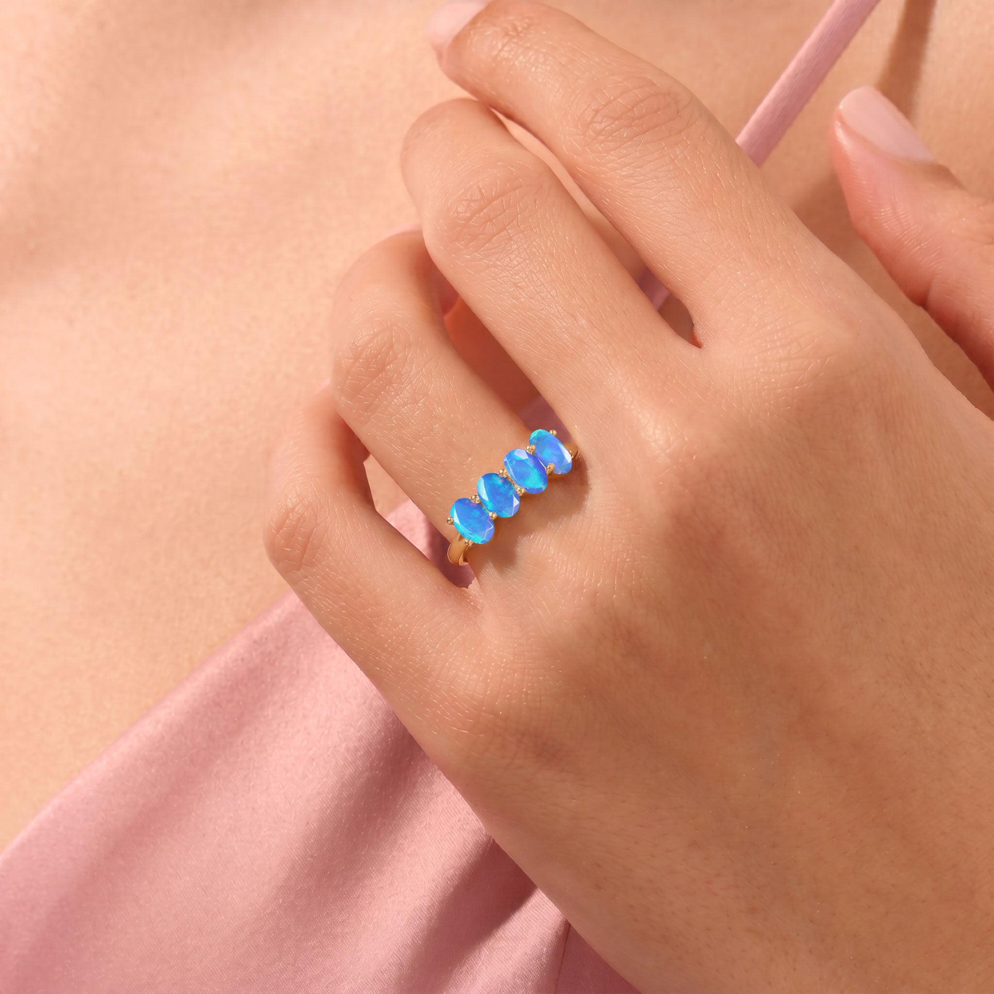 Yellow Gold Filled Blue Opal Ring, Genuine Blue Opal Jewelry, Four Stone Opal Ring, Oval Blue Opal, Stackable Gold Ring, Handmade Women's Jewelry, October Birthstone Ring, Luxury Ring, Fine Gemstone Jewelry, Elegant Opal Gift