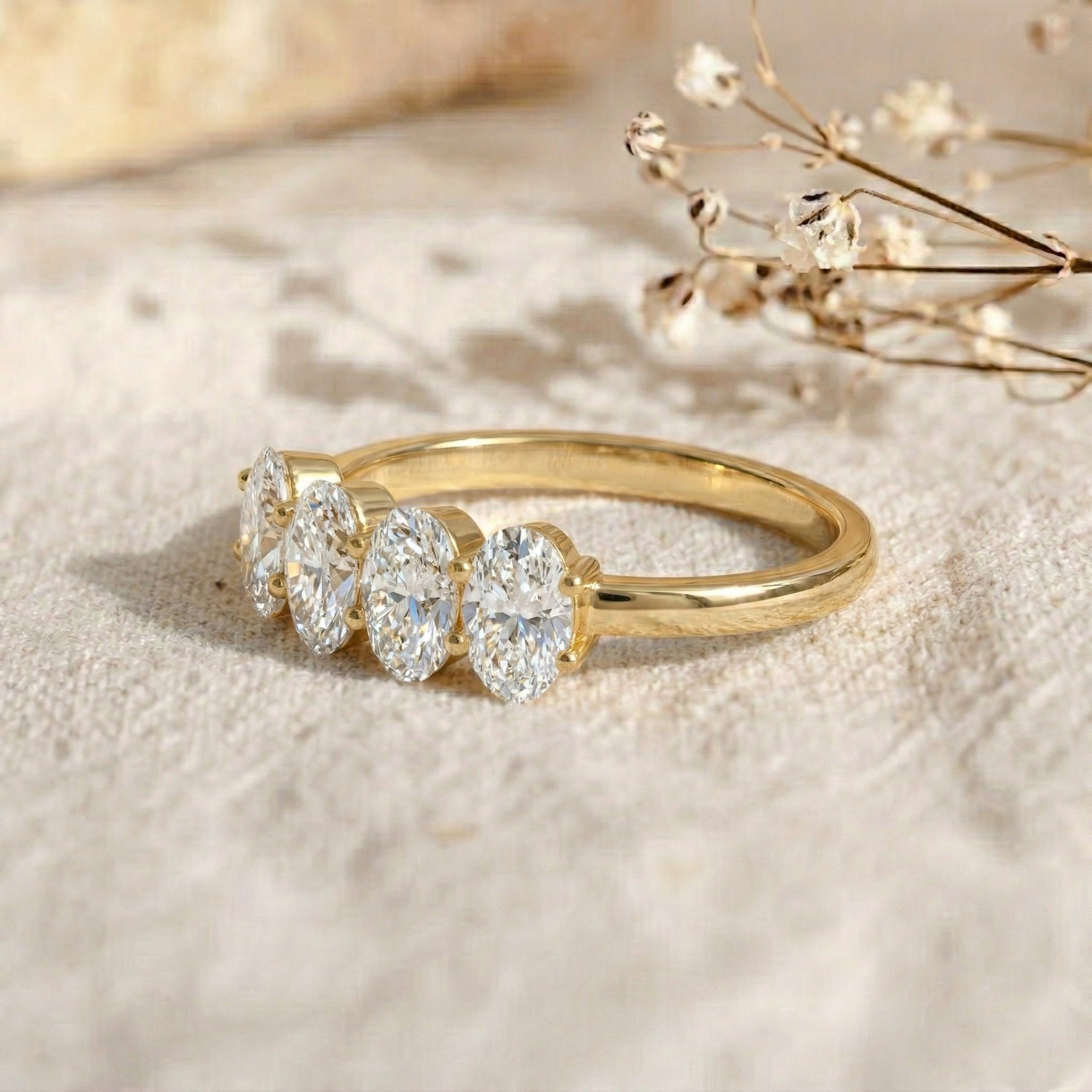 luxury moissanite ring, oval brilliant stones, elegant gemstone band, designer inspired jewellery, contemporary fashion ring, anniversary keepsake, stackable jewellery, premium accessory, sparkling bridal ring, polished elegance, women's jewellery collection, refined design