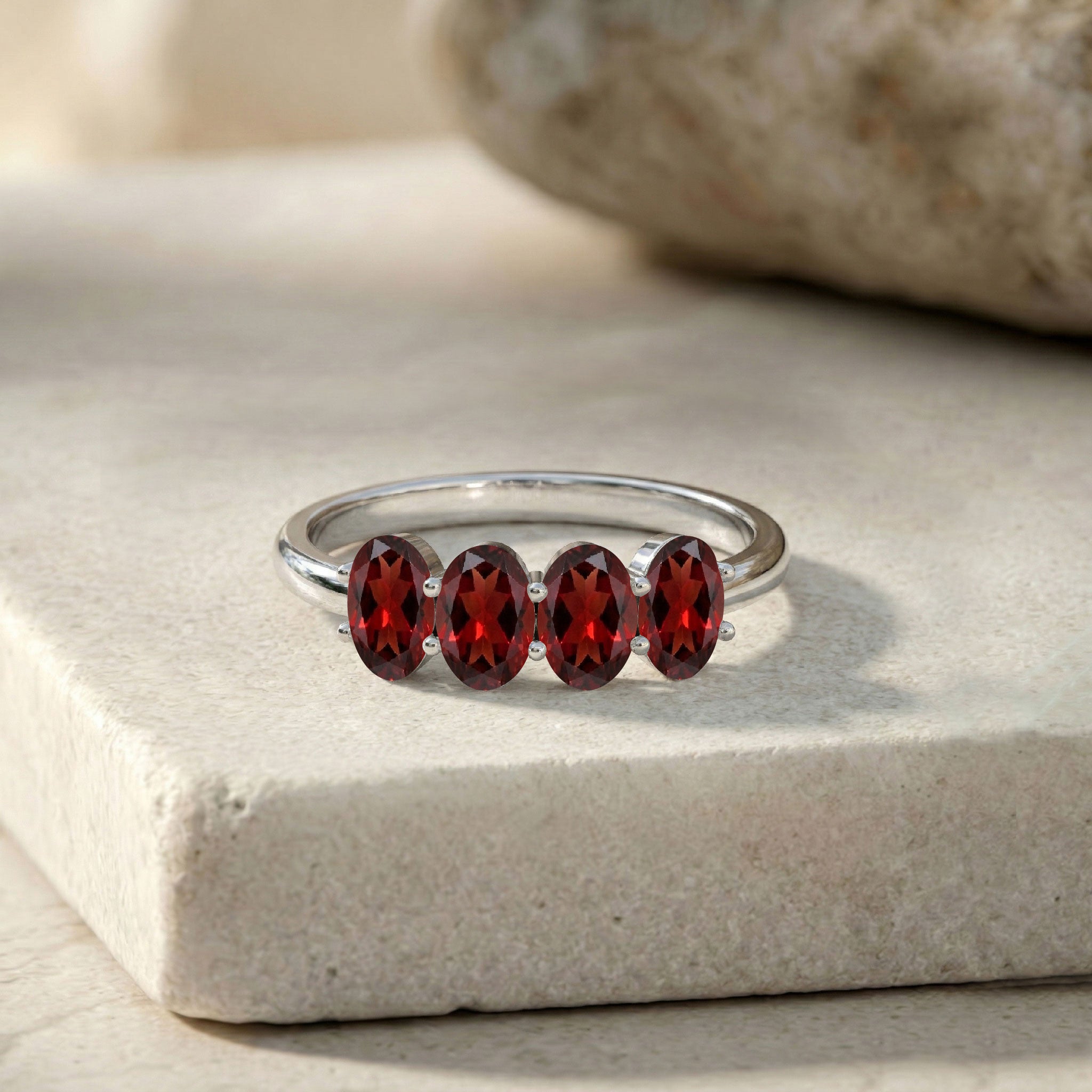 Luxury Garnet Ring, Four Stone Oval Ring, Red Gemstone Jewelry, Natural Garnet Ring, Handmade Ring, 925 Sterling Silver Ring, 14k Yellow Gold Filled Ring, January Birthstone Gift, Stackable Ring, Fine Jewelry, Elegant Ring, Minimalist Jewelry, Women's Jewelry, Everyday Ring, Anniversary Jewelry