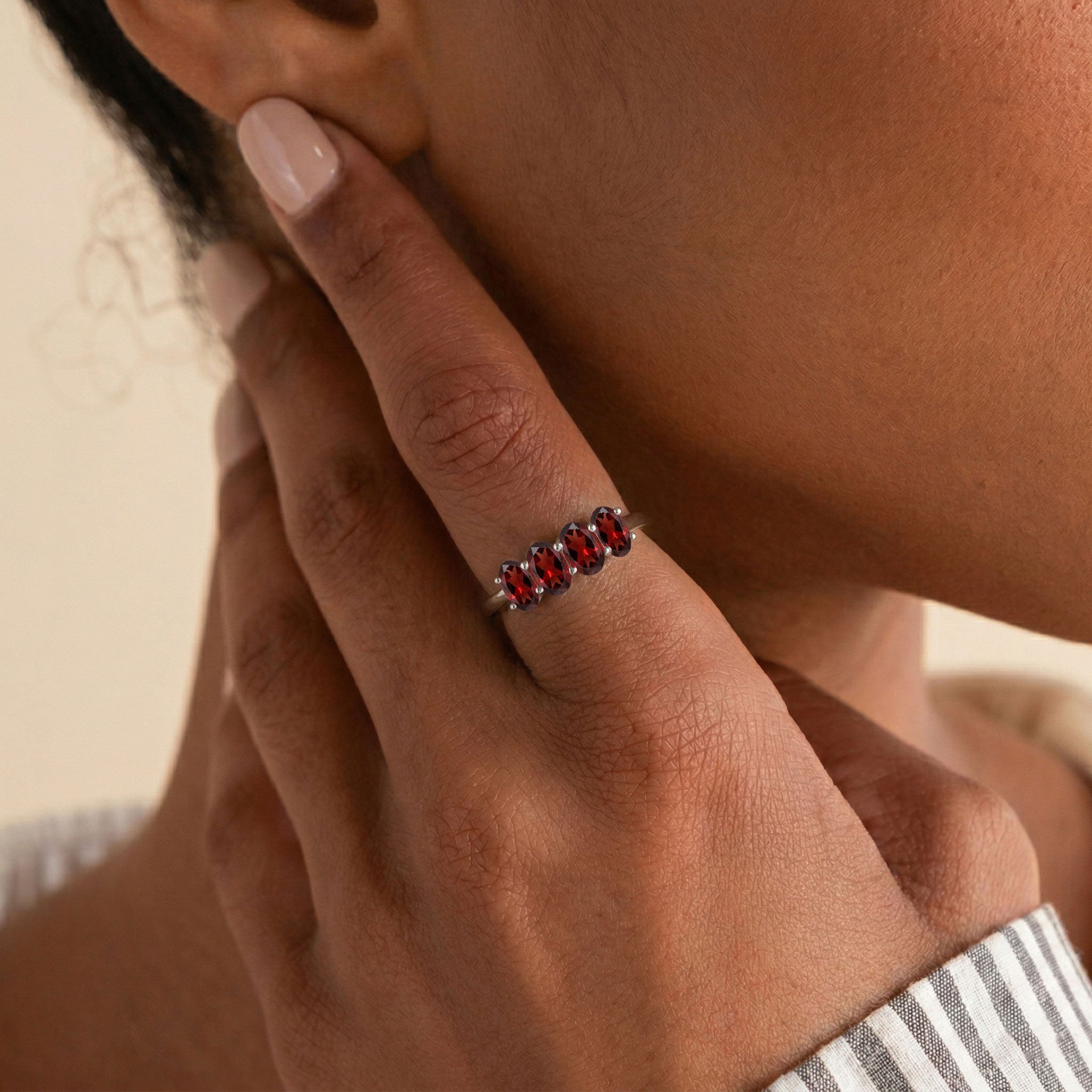 925 Sterling Silver Garnet Ring, 14k Yellow Gold Filled Garnet Ring, Four Stone Garnet Band, Oval Garnet Jewelry, Natural Red Gemstone Ring, January Birthstone Jewelry, Handmade Ring, Stackable Jewelry, Fine Jewelry, Women's Ring, Elegant Jewelry, Luxury Jewelry, Dainty Ring, Gift for Her, Handmade Jewelry