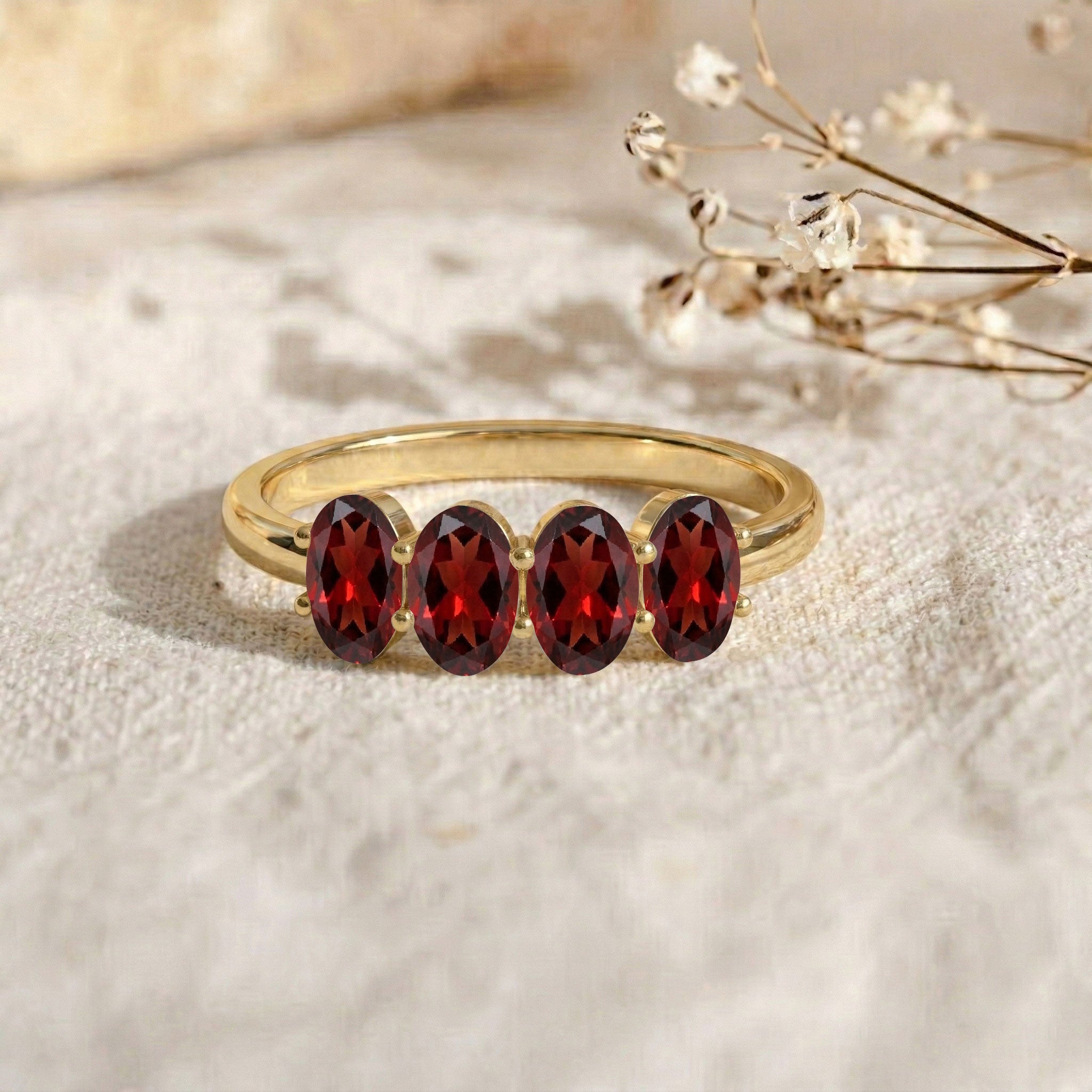 Garnet Promise Ring, Four Stone Garnet Band, Oval Gemstone Ring, Natural Garnet Jewelry, Sterling Silver Ring, Gold Filled Ring, Deep Red Stone Ring, January Birthstone Ring, Handmade Jewelry, Stackable Band, Fine Jewelry, Women's Ring, Dainty Ring, Gift for Women, Luxury Ring