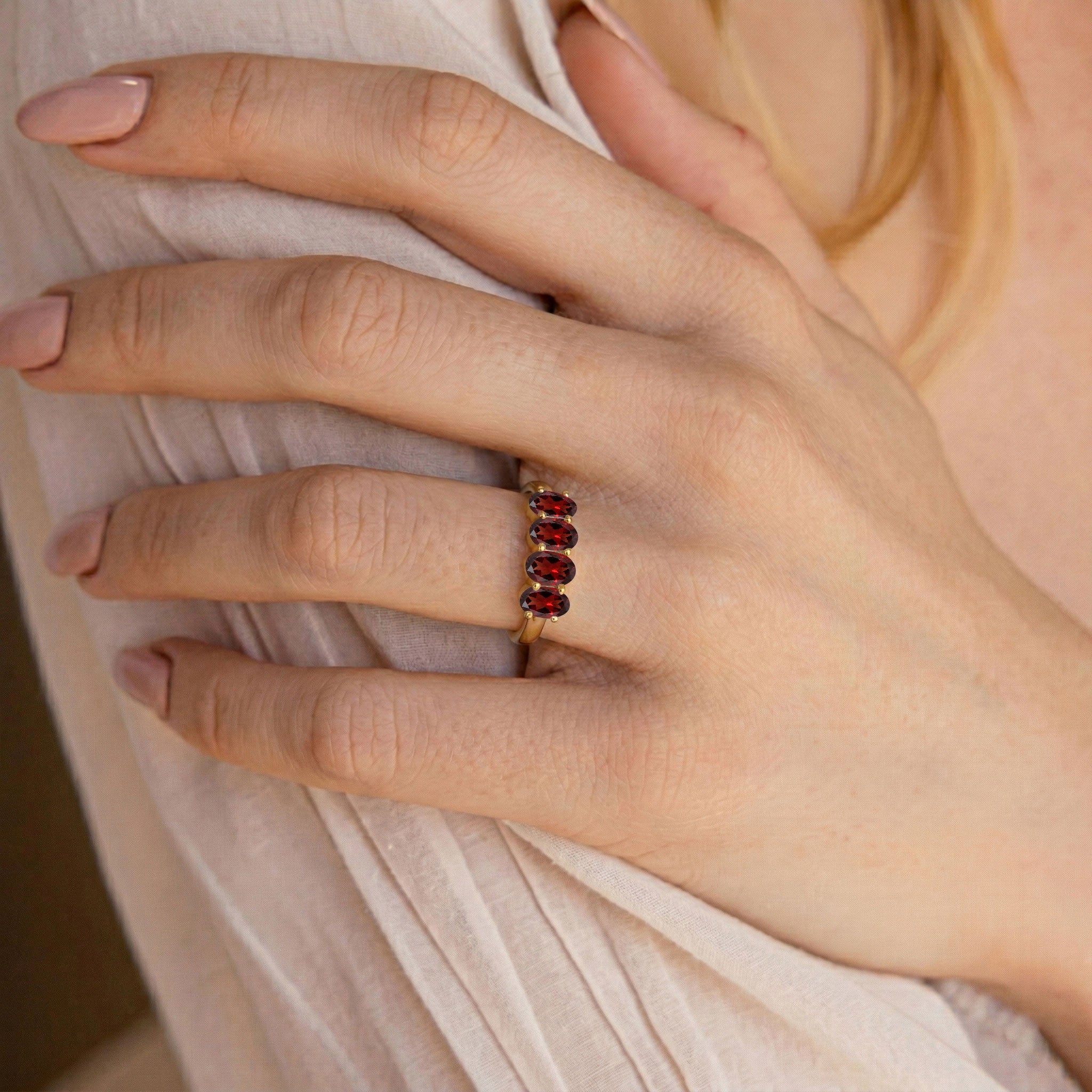 Natural Garnet Ring, Four Stone Ring, Oval Red Stone Ring, January Birthstone Gift, 925 Sterling Silver Jewelry, 14k Gold Filled Jewelry, Handmade Garnet Ring, Stackable Jewelry, Fine Jewelry, Minimalist Ring, Women's Ring, Elegant Jewelry, Luxury Jewelry, Birthday Gift, Anniversary Gift
