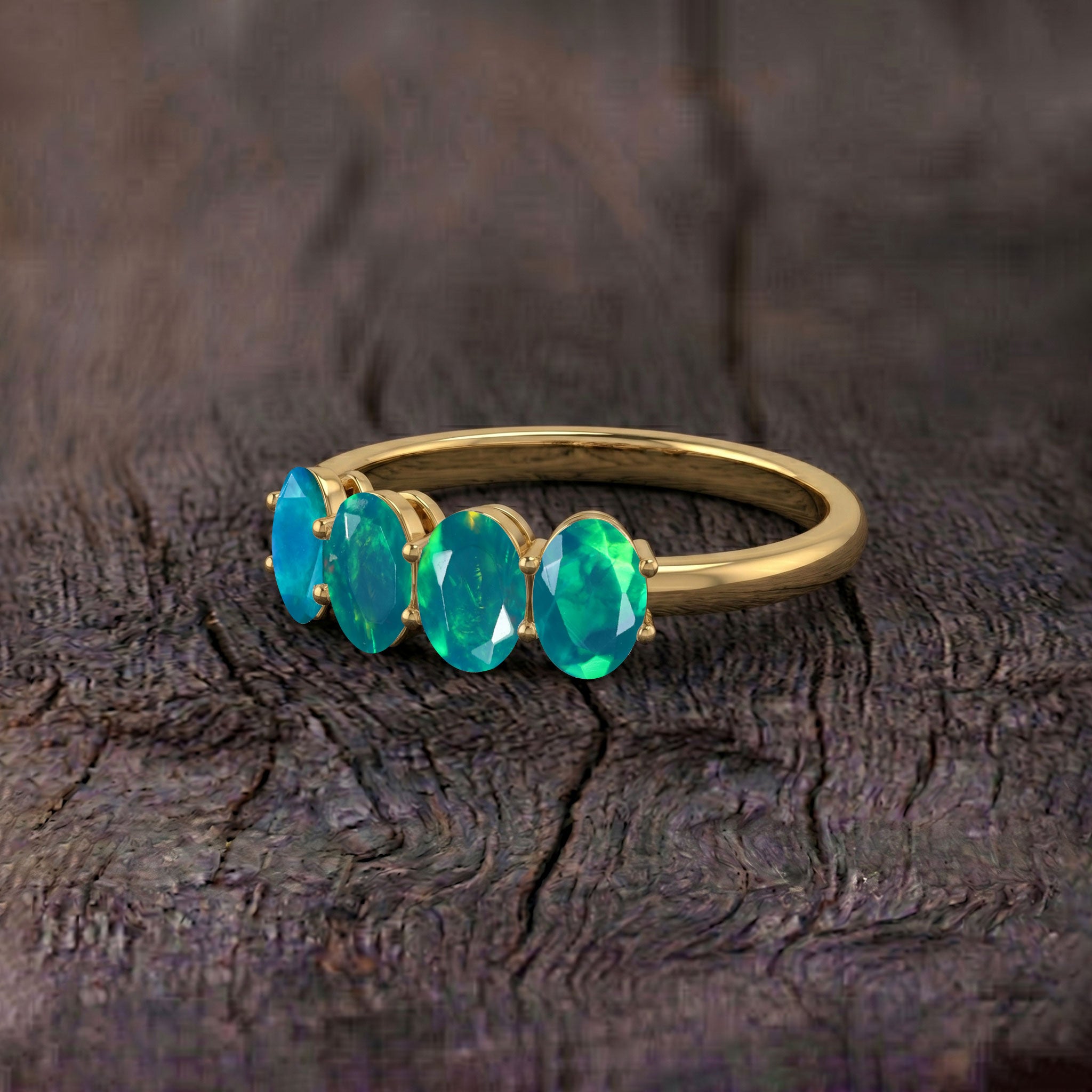 Real Green Opal Ring, Natural Green Opal Jewelry, Four Oval Green Opal Ring, Women's Stackable Ring, Sterling Silver Green Opal Ring, Yellow Gold Filled Ring, Handmade Fine Jewelry, October Birthstone Gift, Dainty Gemstone Ring, Minimal Jewelry, Everyday Ring, Artisan Jewelry