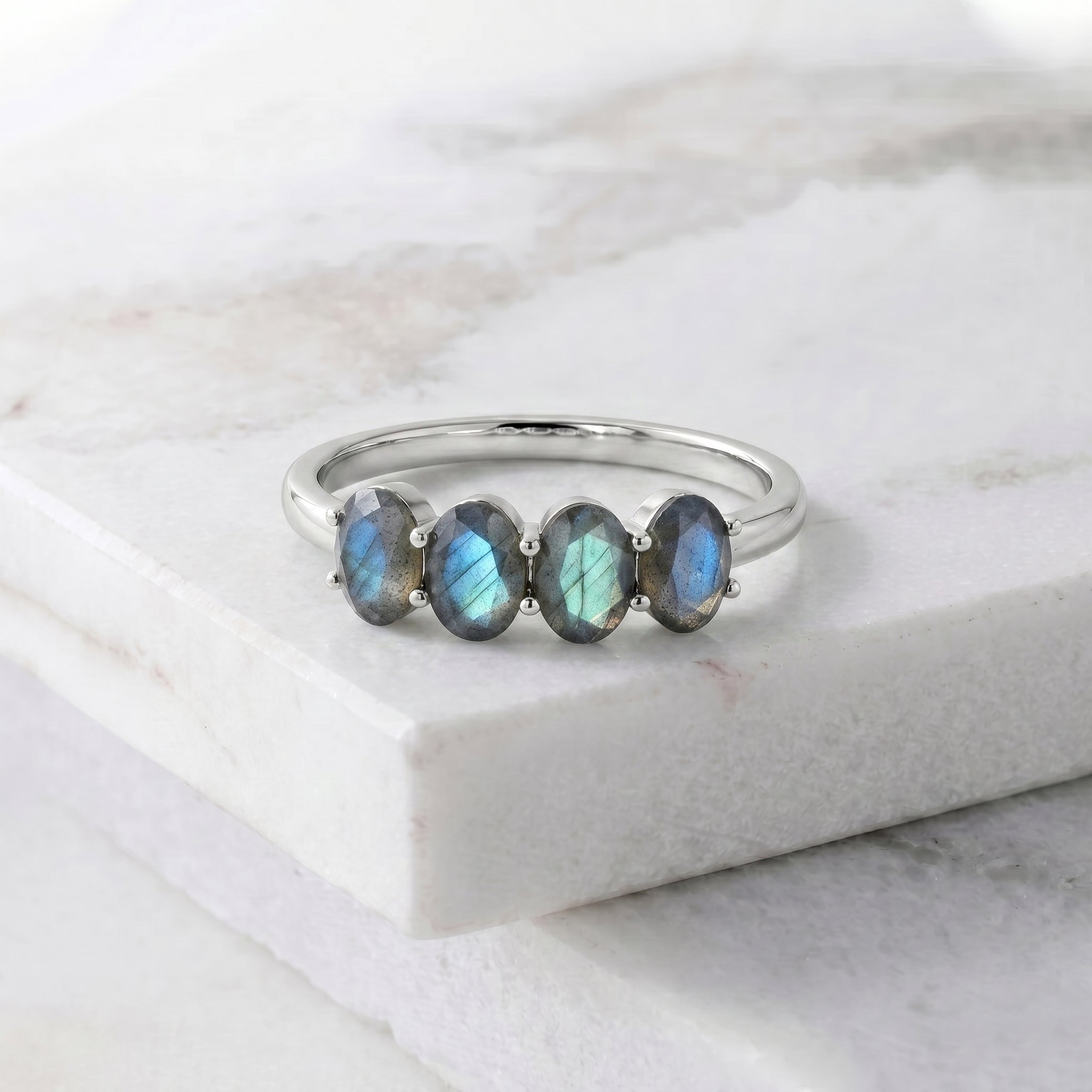 Natural Labradorite ring, four stone design, oval gems, sterling silver, contemporary jewelry, blue flash stone, handcrafted ring, minimalist accessory, fashion jewelry, gift
