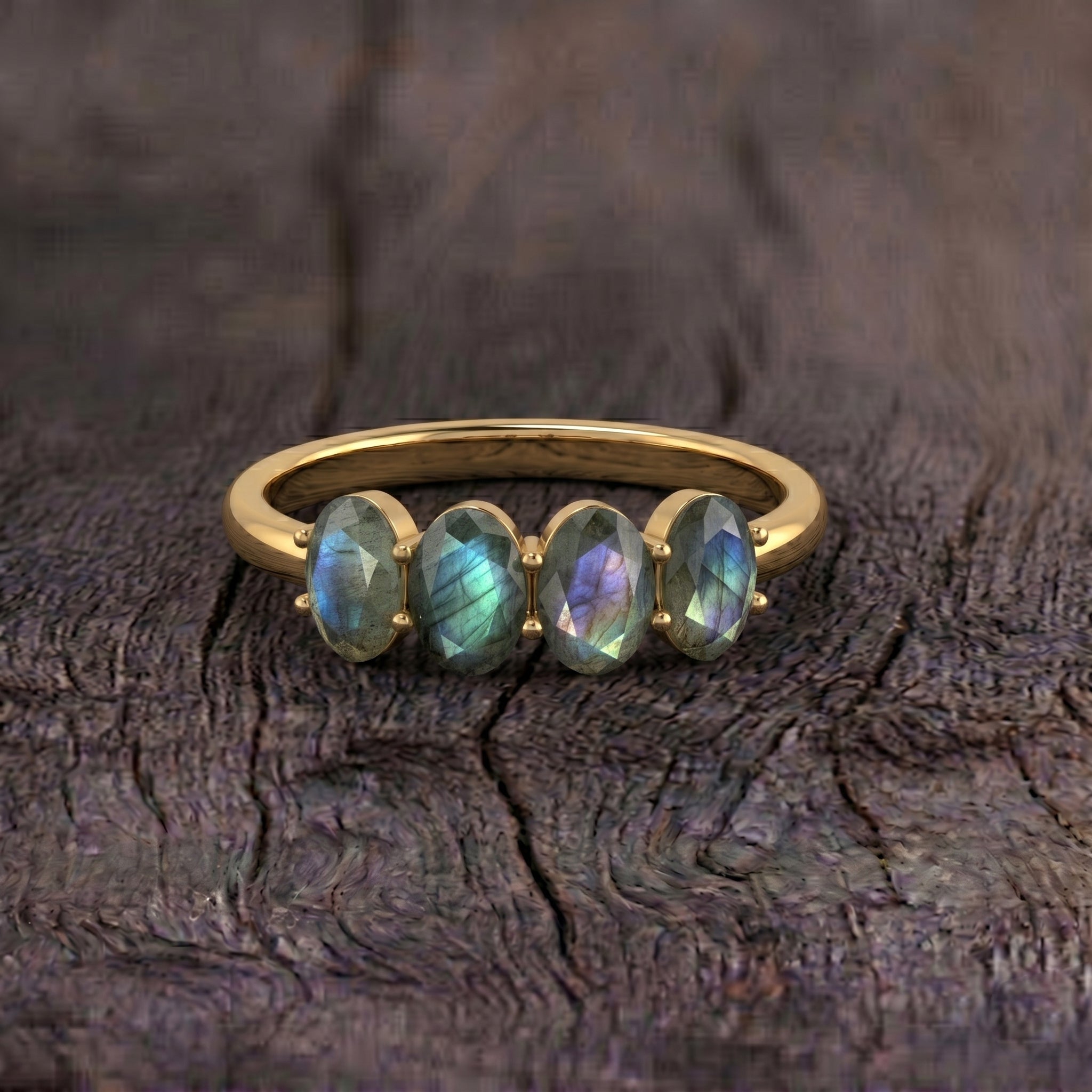 Labradorite silver band, four oval stones, polished finish, dainty ring, stacking ring, natural gemstone, artisan jewelry, boho style, unique gift, silver jewelry