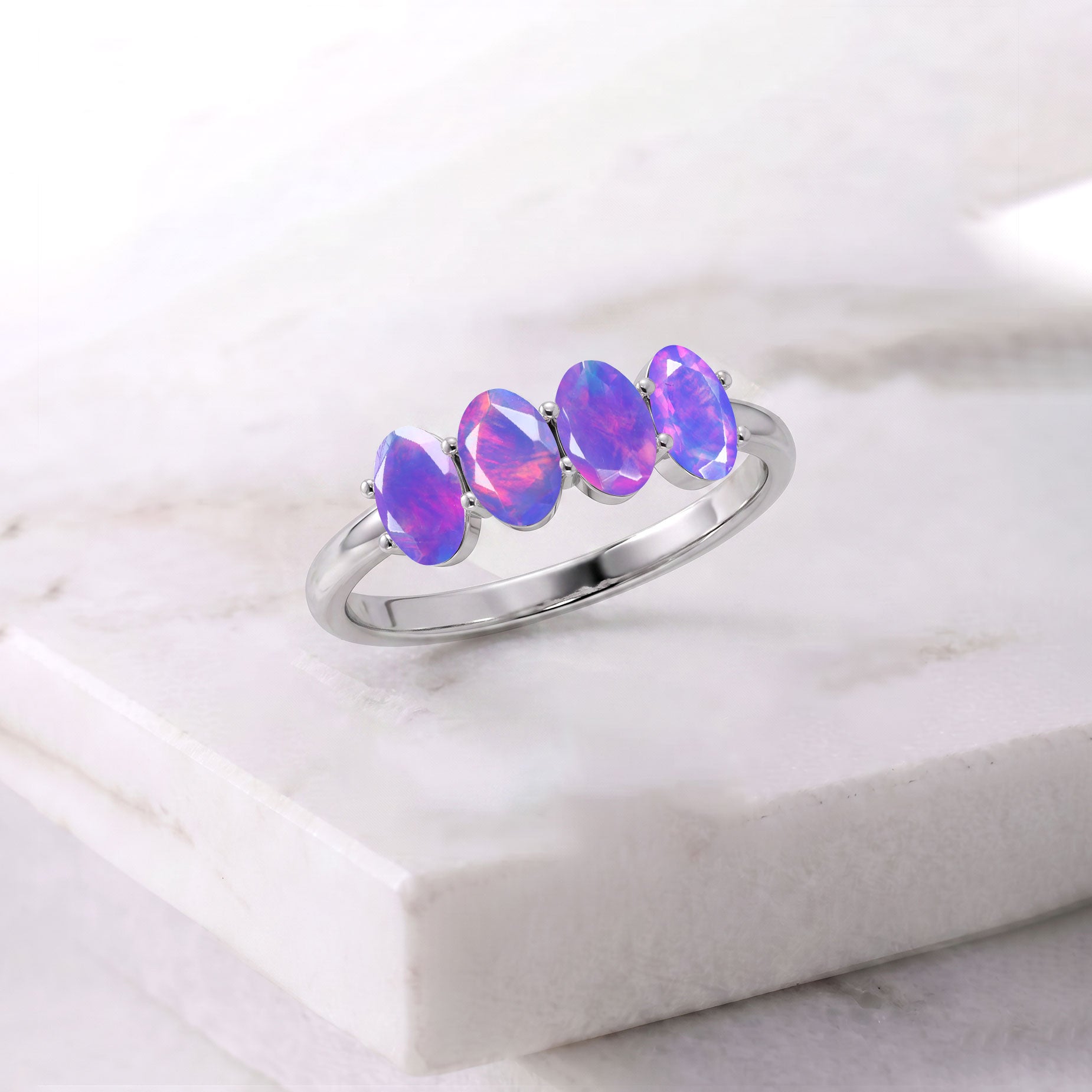 Lavender Opal Ring Product Photo, Oval Opal Jewelry, Four Stone Ring, Luxury Jewelry, Women's Jewelry, Fine Jewelry, Handmade Ring, Minimalist Ring, Stackable Ring, Gold Filled Ring, Sterling Silver Ring, Elegant Jewelry, Fashion Accessories, October Birthstone Ring, Artisan Ring, Gift for Her, Premium Ring, Modern Jewelry, Everyday Jewelry, Opal Gift