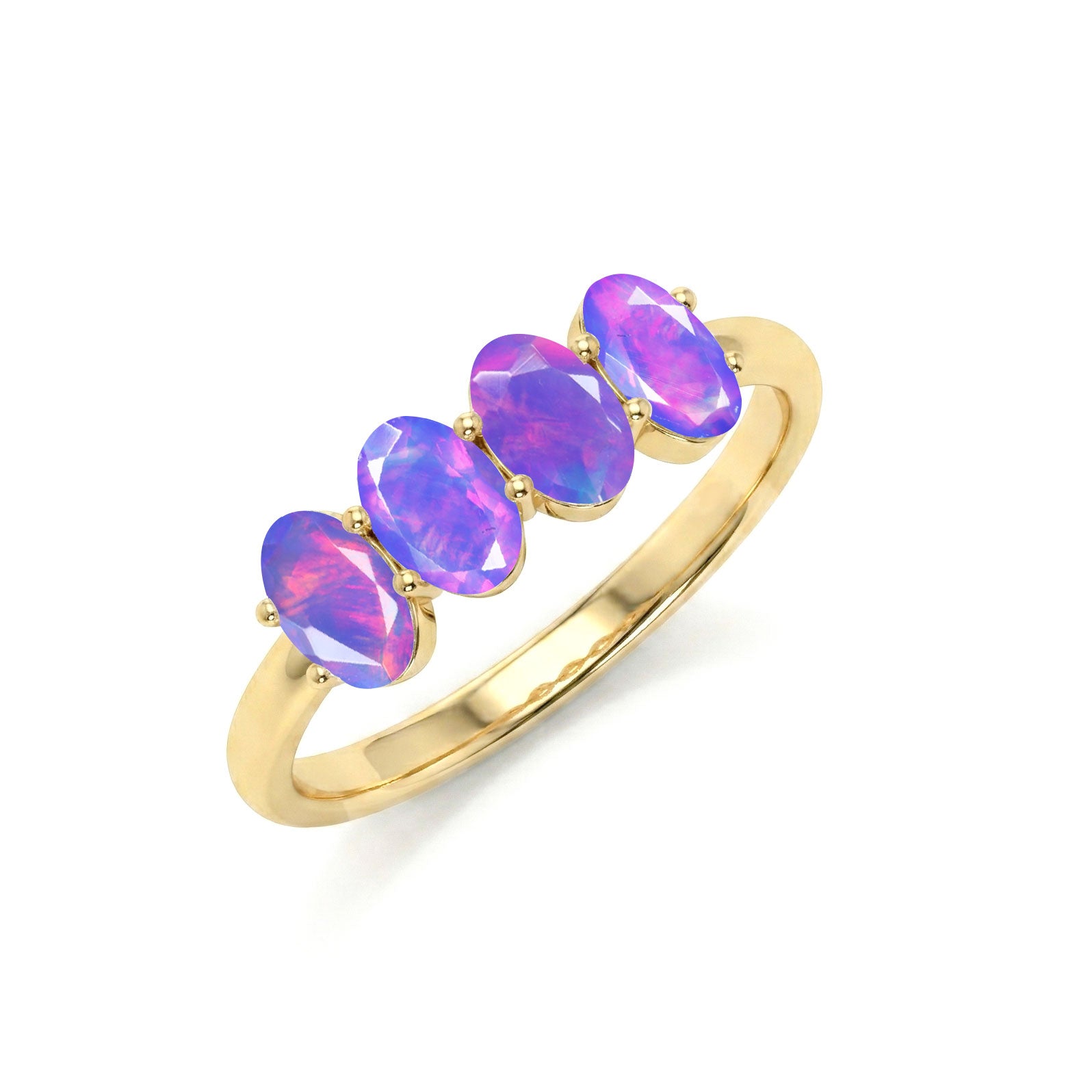 Lavender Opal Ring Side View, Slim Band Ring, Oval Stone Ring, Prong Set Ring, Four Stone Jewelry, Gold Filled Ring, Sterling Silver Ring, Minimal Ring, Handmade Ring, Luxury Jewelry, Fine Craftsmanship, Women's Fashion Ring, October Birthstone Gift, Elegant Jewelry, Stackable Ring, Artisan Jewelry, Everyday Ring, High Polish Finish, Modern Ring, Opal Jewelry