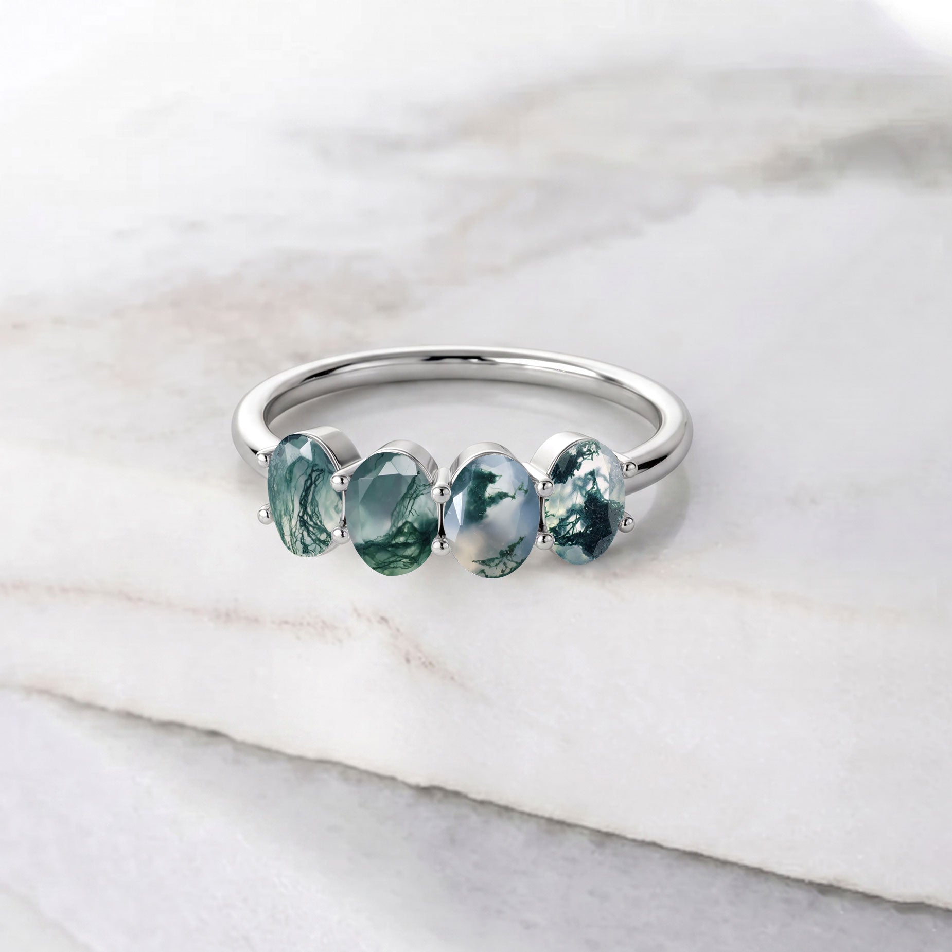 Natural Moss Agate Jewelry, Oval Moss Stone Ring, Four Stone Band, Green Nature Ring, Sterling Silver Jewelry, Gold Filled Ring, Modern Jewelry, Everyday Wear Ring, Gift for Wife, Handmade Design