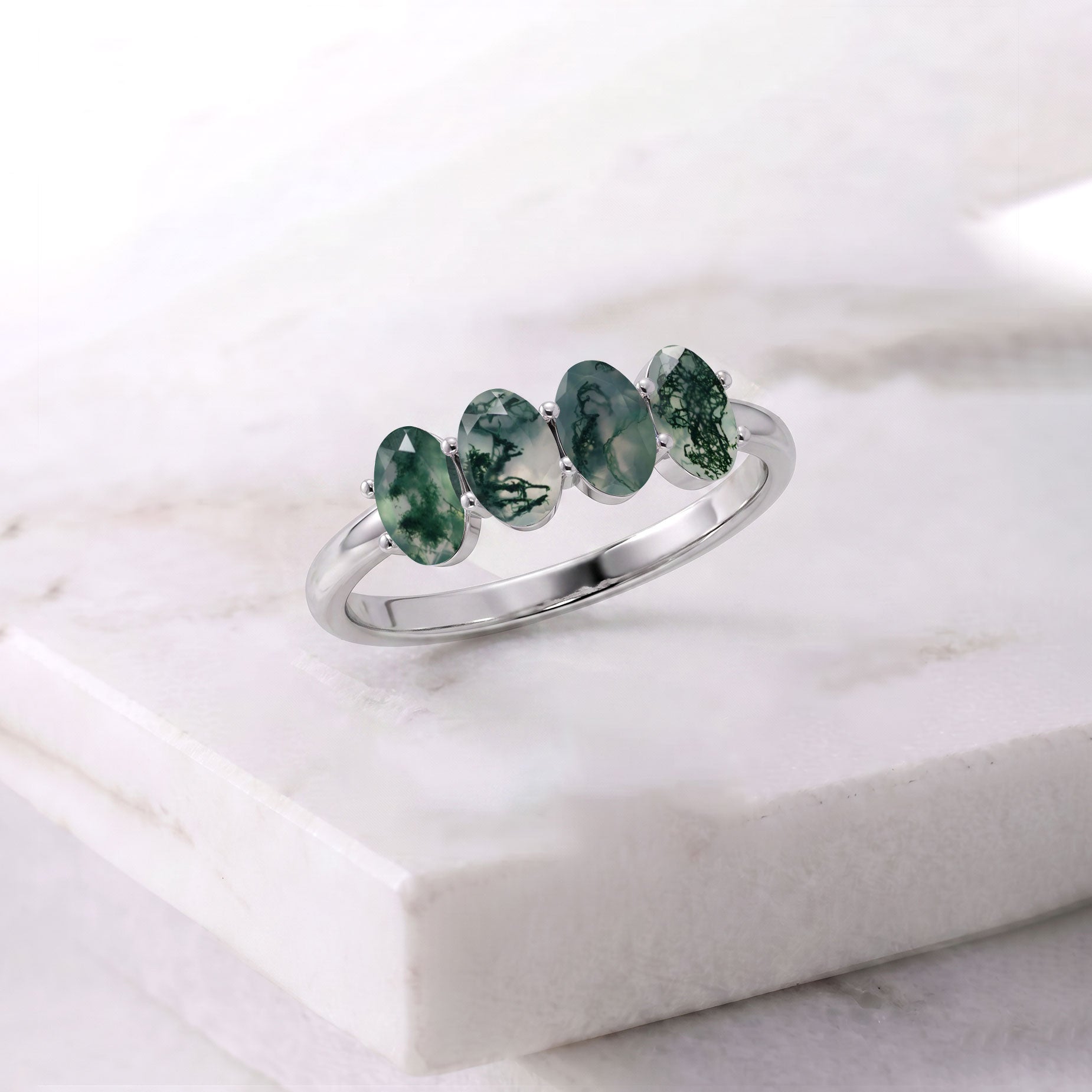 Moss Agate Ring for Women, Genuine Moss Agate Jewelry, Oval Green Gemstones, Four Stone Design, Nature Inspired Jewelry, Handmade Ring, Sterling Silver Ring, Gold Filled Ring, Elegant Gift, Minimal Luxury Ring
