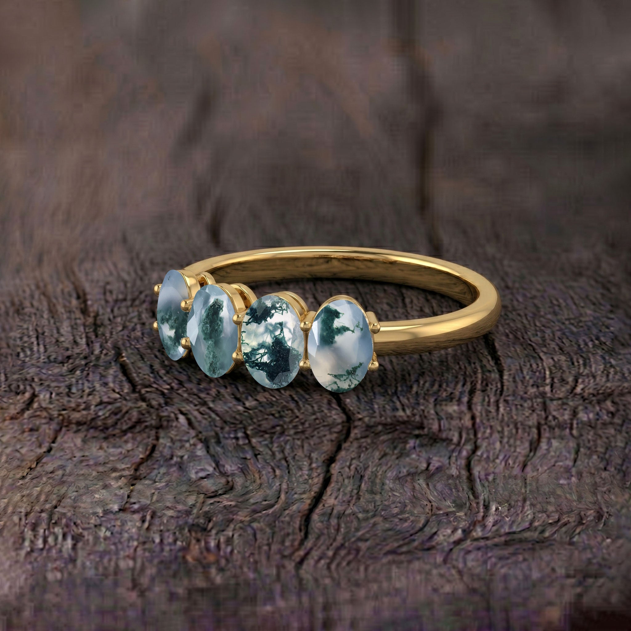 Natural Green Moss Agate Ring, Oval Gemstone Band, Artisan Jewelry Ring, Four Stone Jewelry, Forest Pattern Ring, Elegant Silver Ring, Gold Filled Band, Unique Handmade Ring, Nature Gift, Fine Jewelry