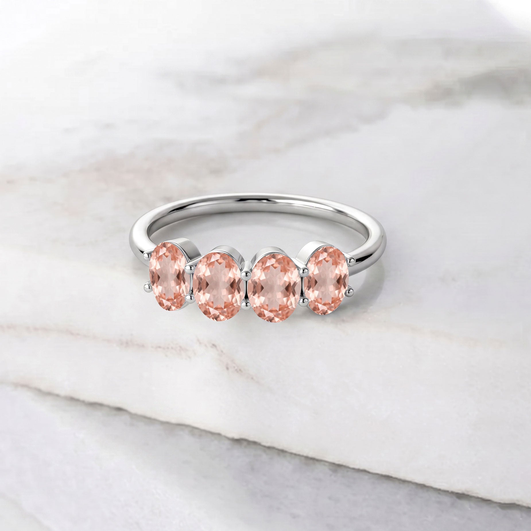 Morganite oval ring, blush pink jewelry, four stone band, handcrafted gemstone jewelry, women's accessory, everyday ring, elegant fashion jewelry, fine ring, luxury gift, artisan craftsmanship, modern design