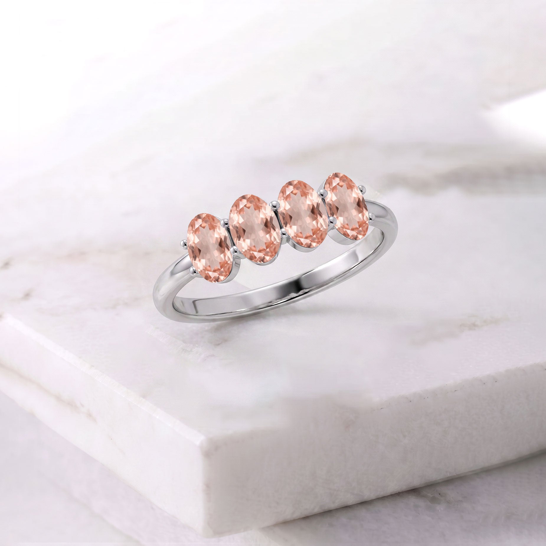 Morganite four stone ring, oval gemstone jewelry, pink gemstone band, handcrafted elegant ring, women's fashion jewelry, stackable ring, anniversary gift, birthday jewelry, polished band, timeless gemstone ring