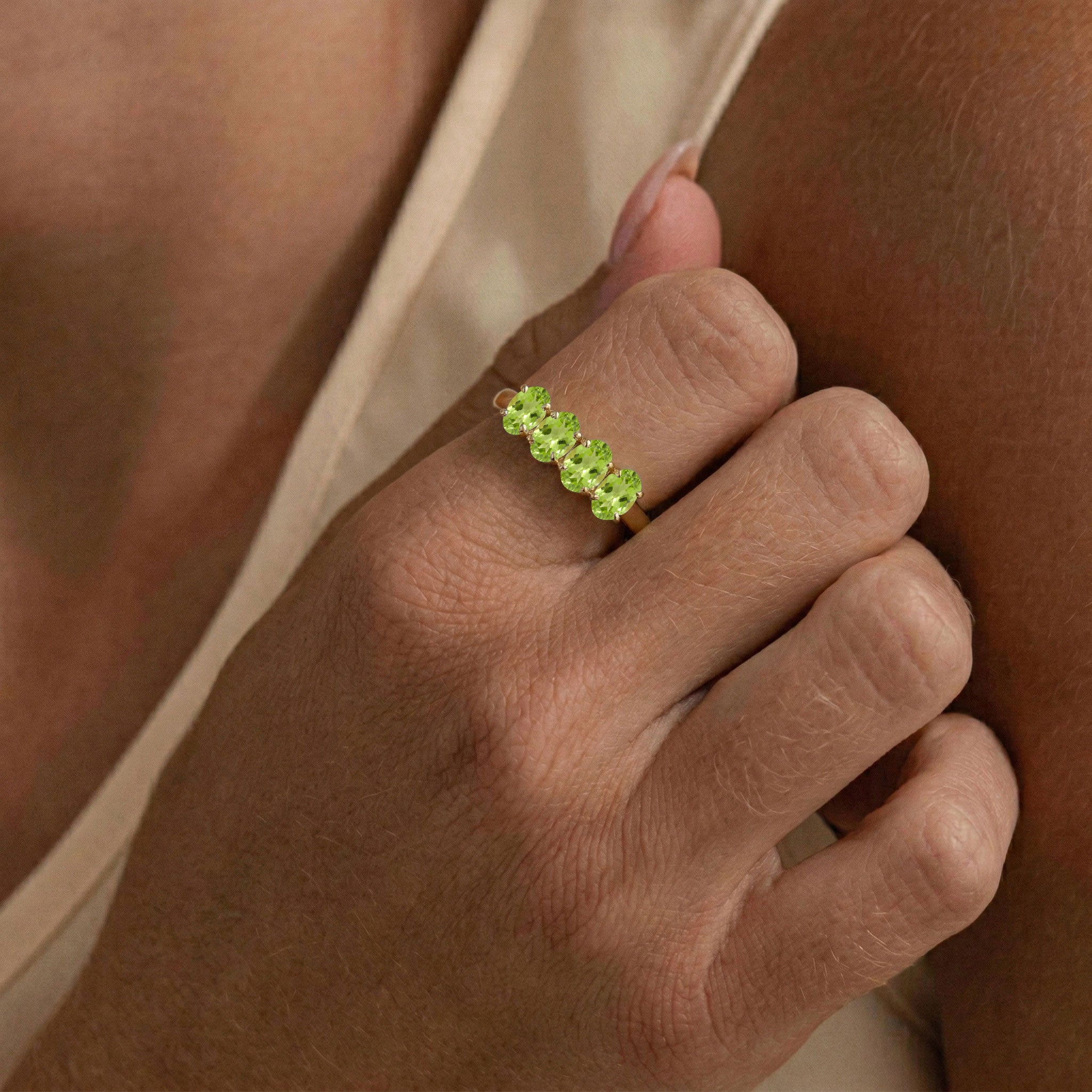 Model Wearing Peridot Ring, Four Stone Ring, Oval Peridot Jewelry, Natural Green Gemstone Ring, August Birthstone Jewelry, Sterling Silver Ring, Gold Filled Ring, Stackable Band, Handmade Jewelry, Fine Jewelry, Everyday Ring, Minimalist Ring, Women's Jewelry, Elegant Ring, Luxury Jewelry