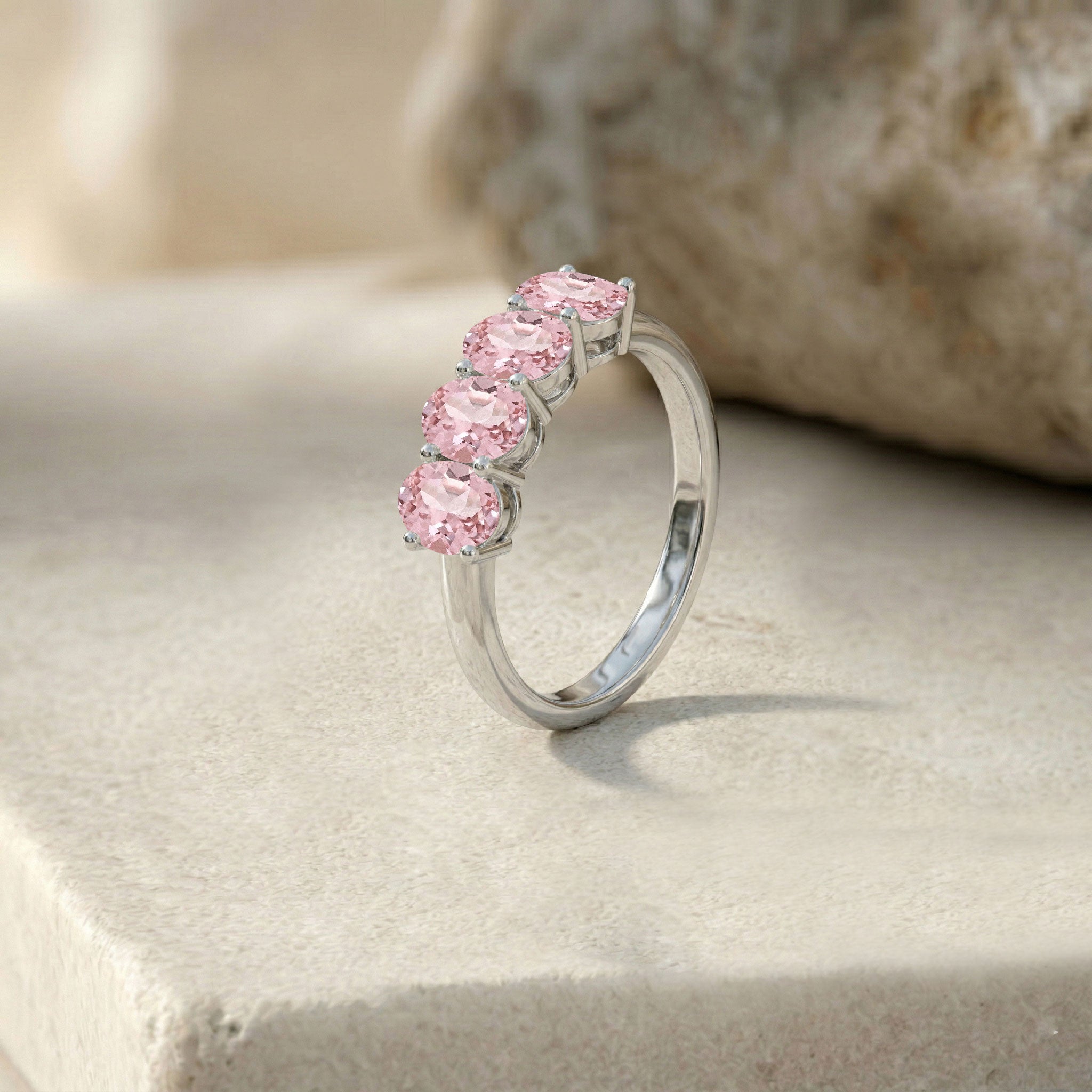 blush pink tourmaline ring, elegant gemstone band, four stone setting, oval gemstone jewelry, fine ring, stackable jewelry, contemporary accessory, promise jewelry, luxury ring, gift idea