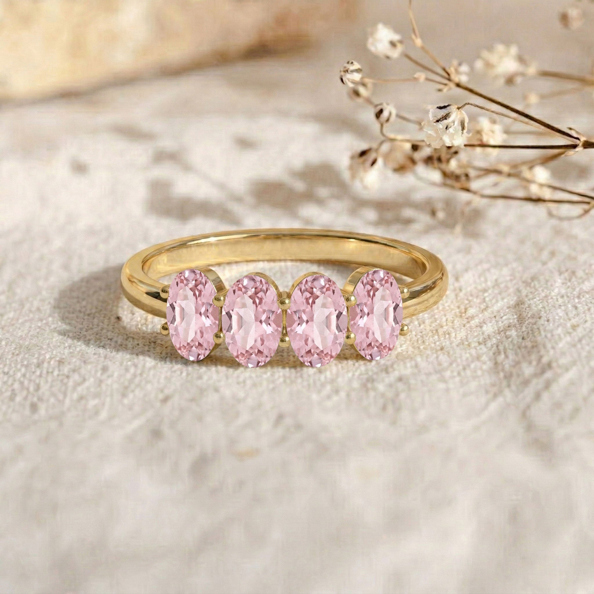 oval pink gemstone ring, four gemstone band, delicate stacking ring, handcrafted jewelry, elegant band ring, pink gemstone jewelry, birthday gift, fashion ring, timeless design, blush pink ring