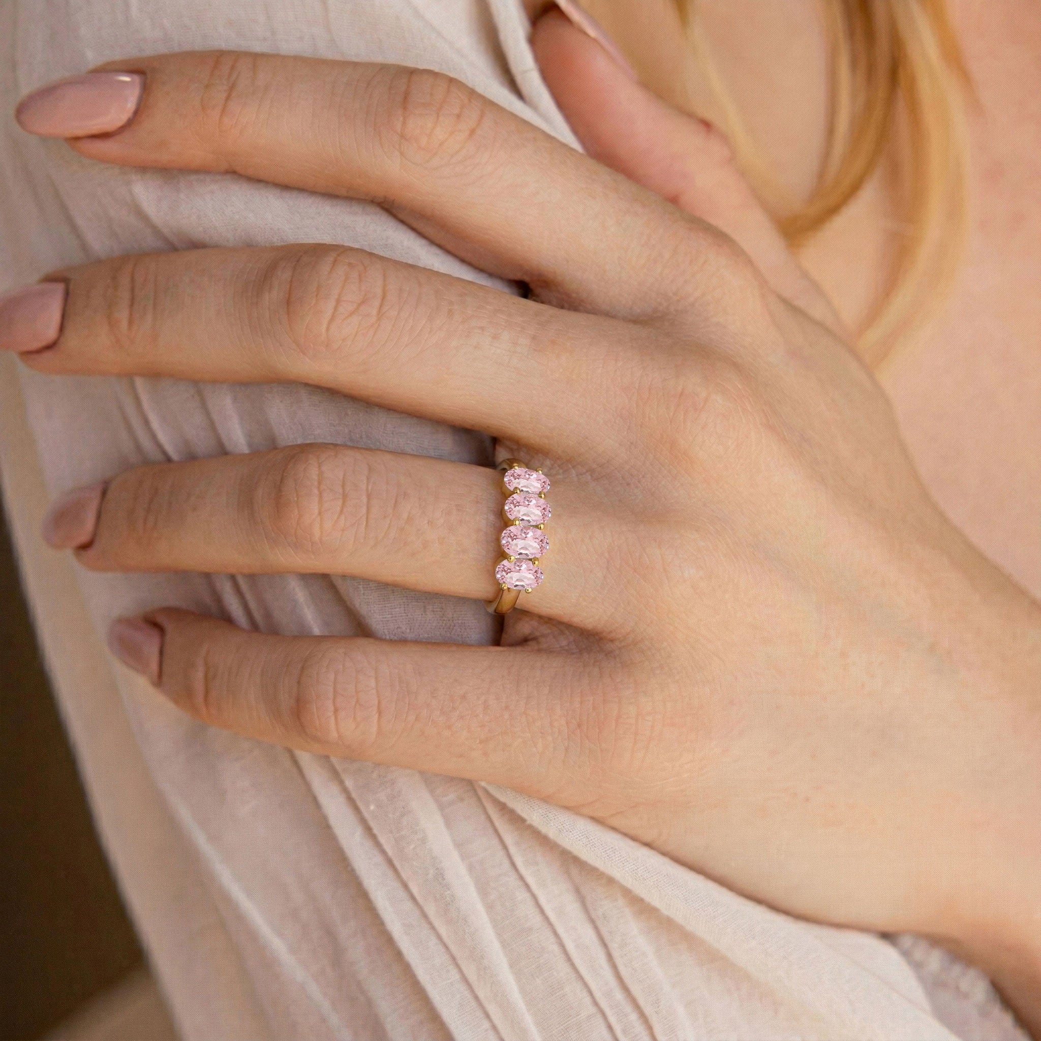 pink tourmaline jewelry, oval cut gemstones, four oval ring, modern gemstone band, fine jewelry, everyday ring, feminine jewelry, anniversary ring, contemporary ring, luxury gift