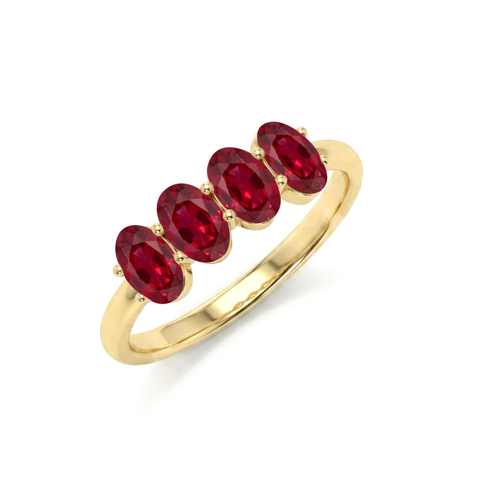natural ruby fashion ring, four gemstone jewelry, brilliant oval ruby stones, delicate luxury accessory, artisan handmade ring, refined gemstone design, timeless everyday jewelry, elegant birthstone gift, polished band finish, premium quality