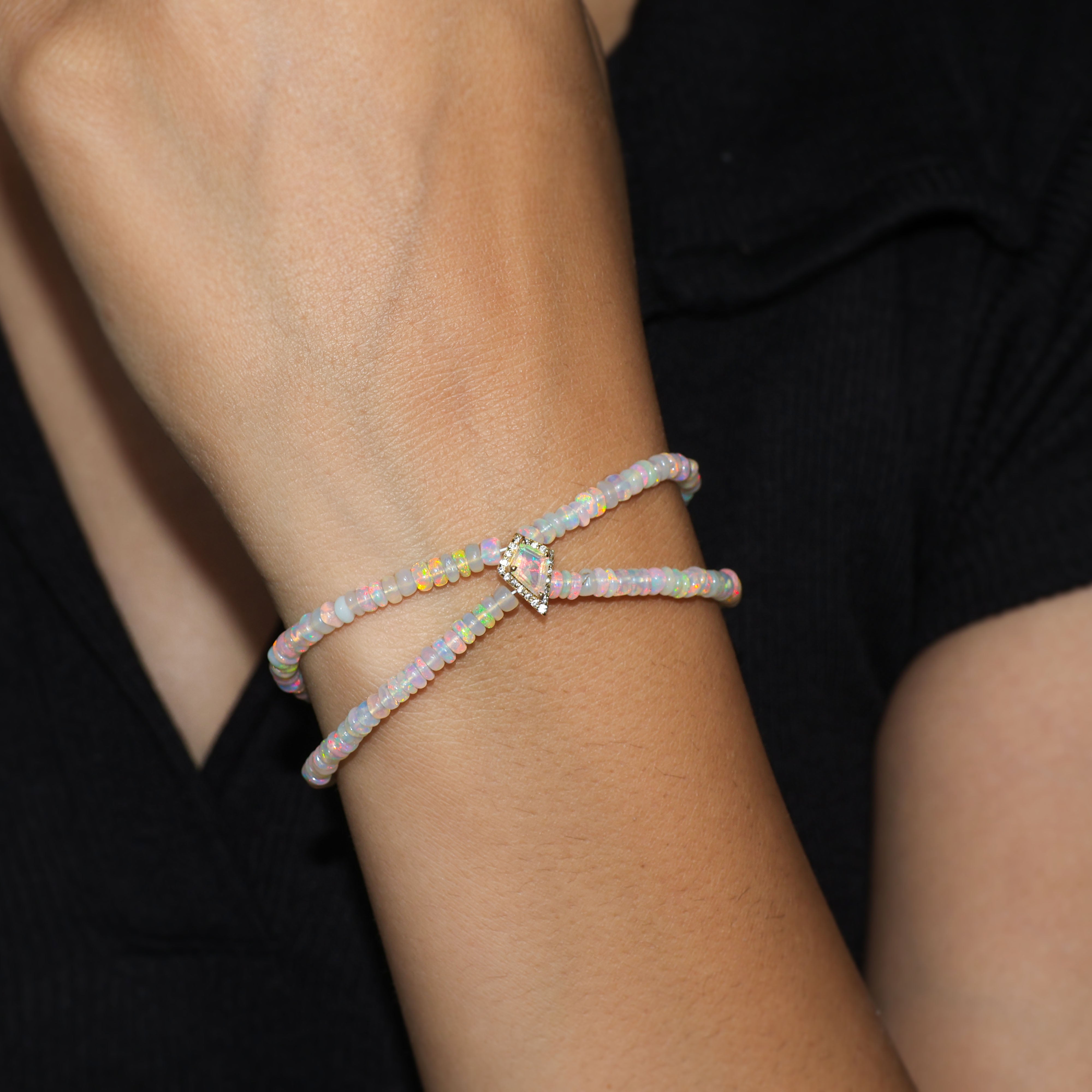 Natural White Opal Two-Strand Kite Charm Beaded Bracelet