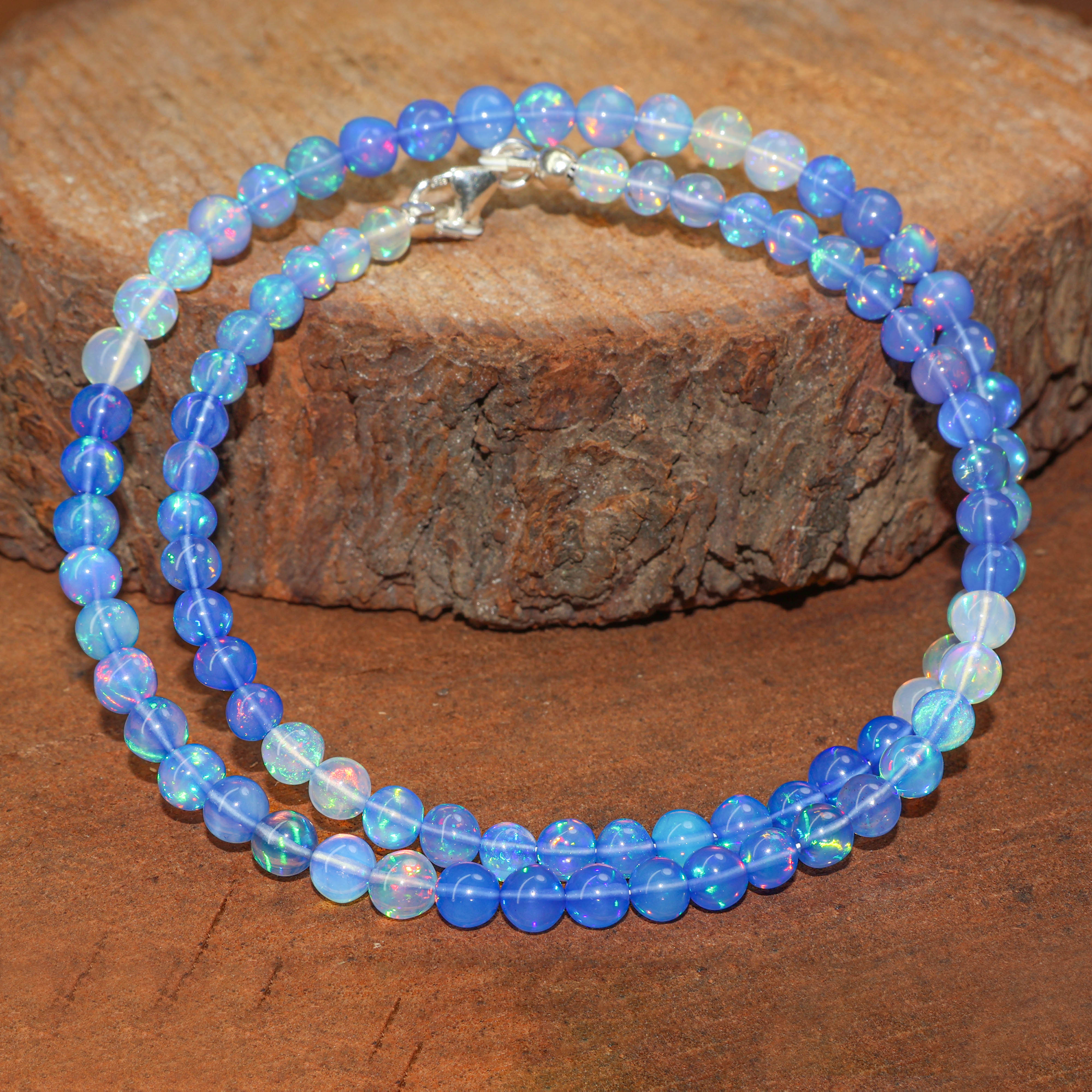 Natural Blue Opal Round Gemstone Shaded Necklace