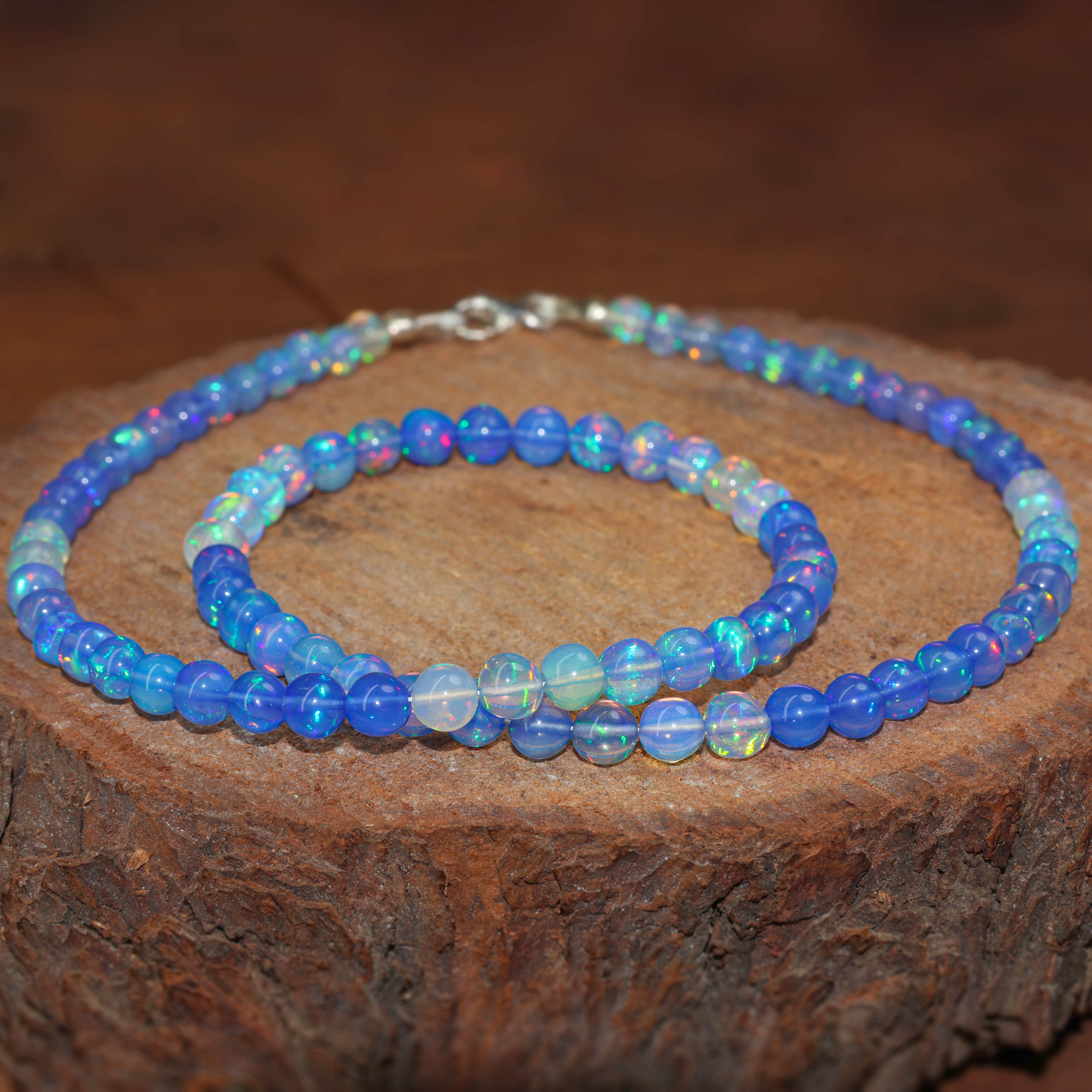 Natural Blue Opal Round Gemstone Shaded Necklace