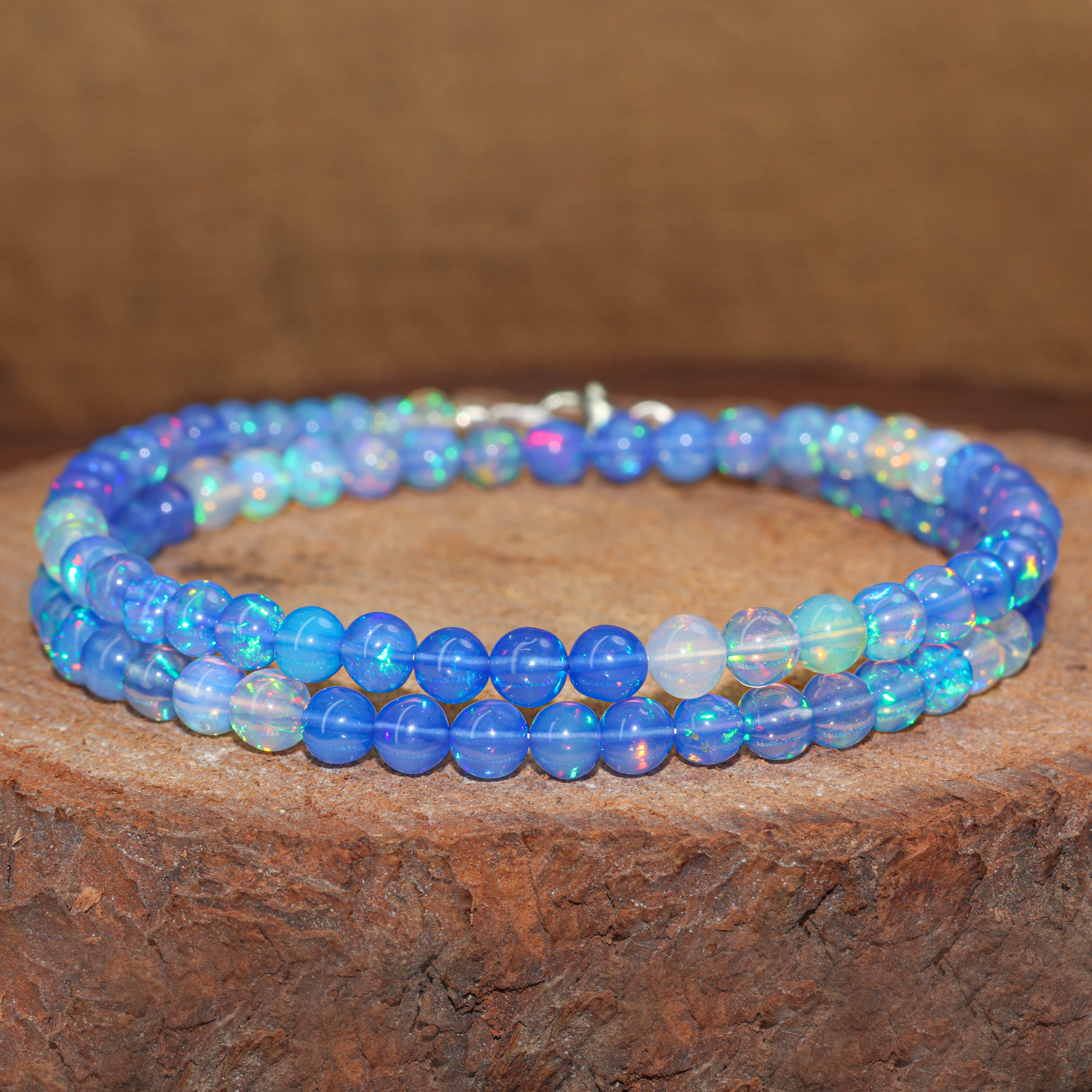 Natural Blue Opal Round Gemstone Shaded Necklace