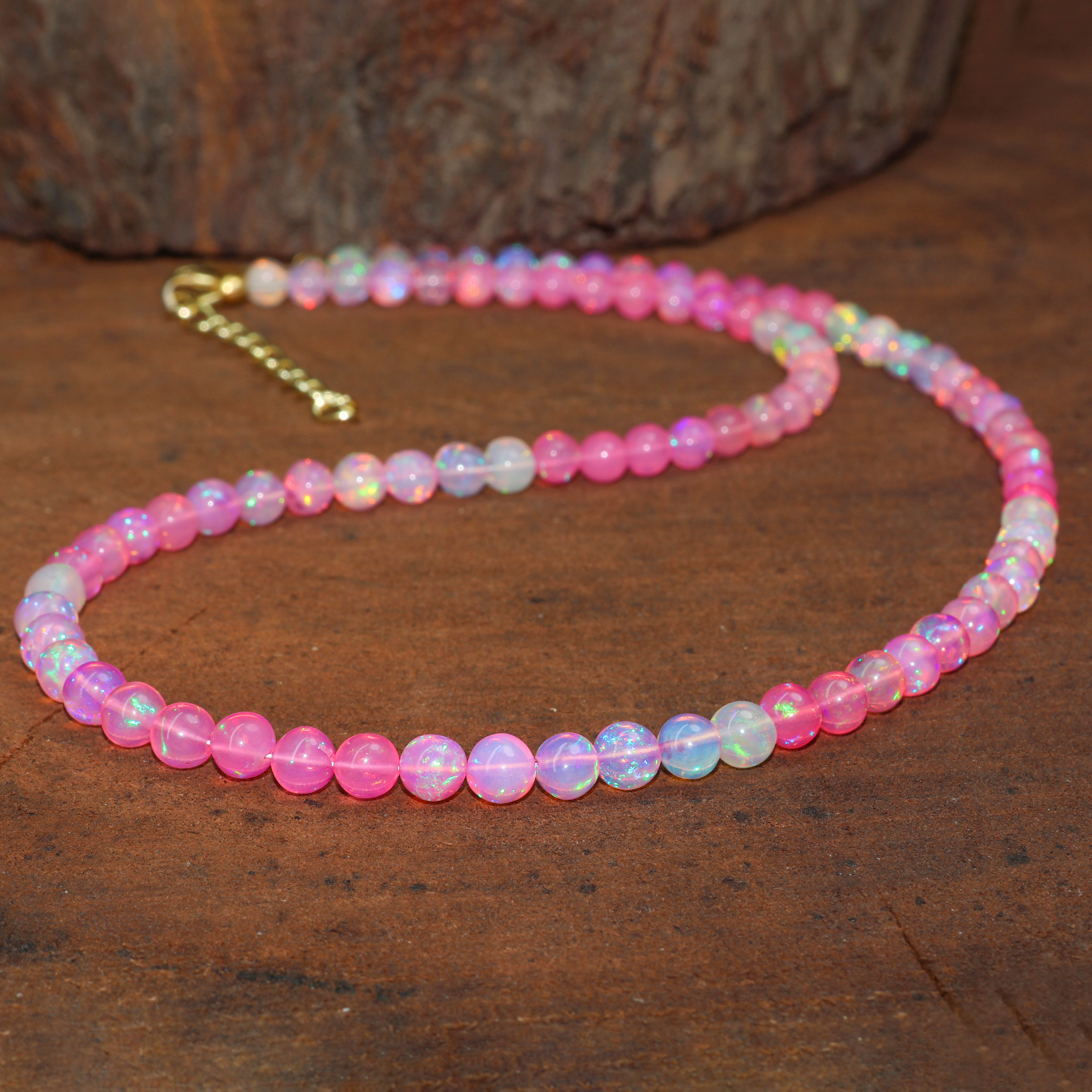 Multifire Pink Opal Round Gemstone Shaded Necklace