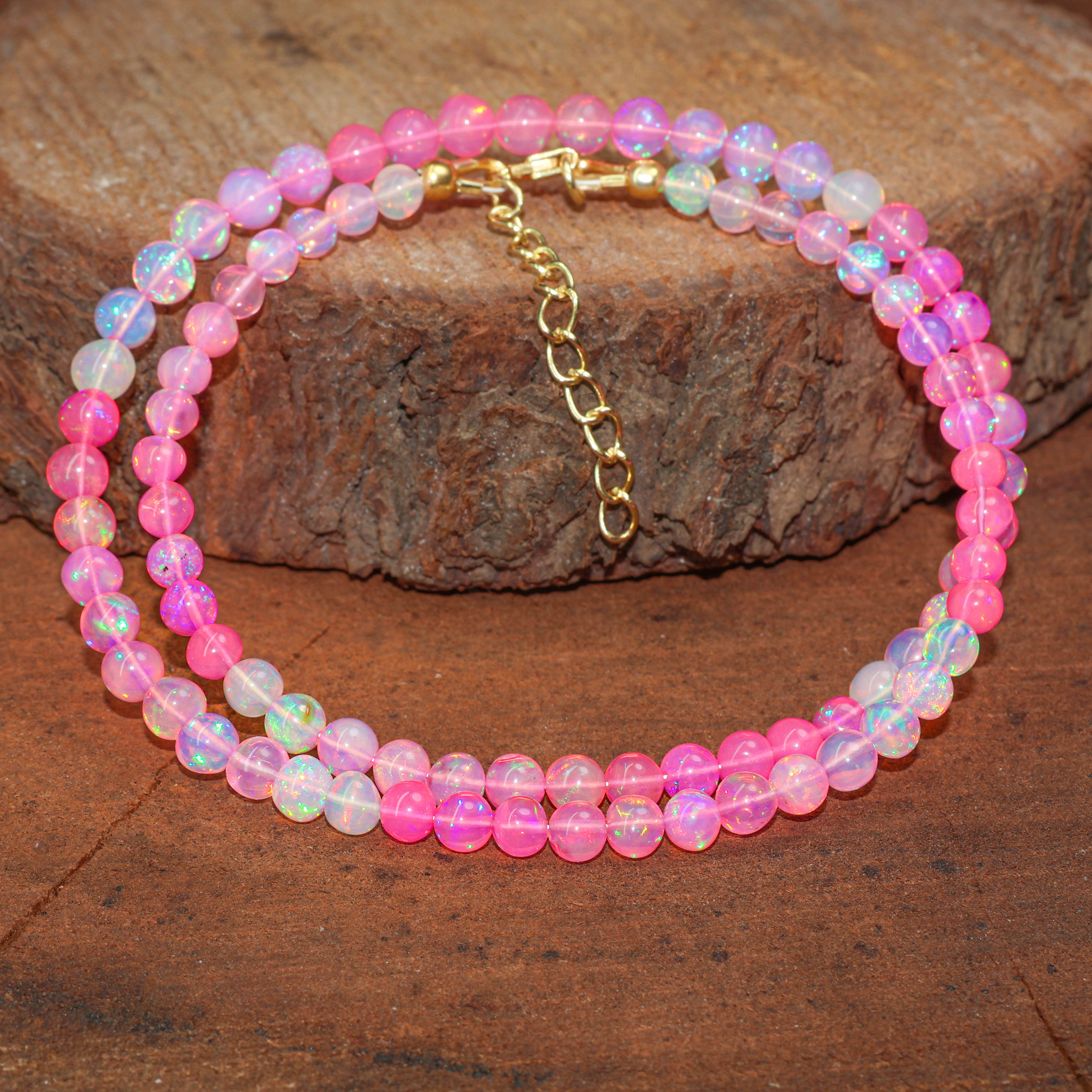 Multifire Pink Opal Round Gemstone Shaded Necklace