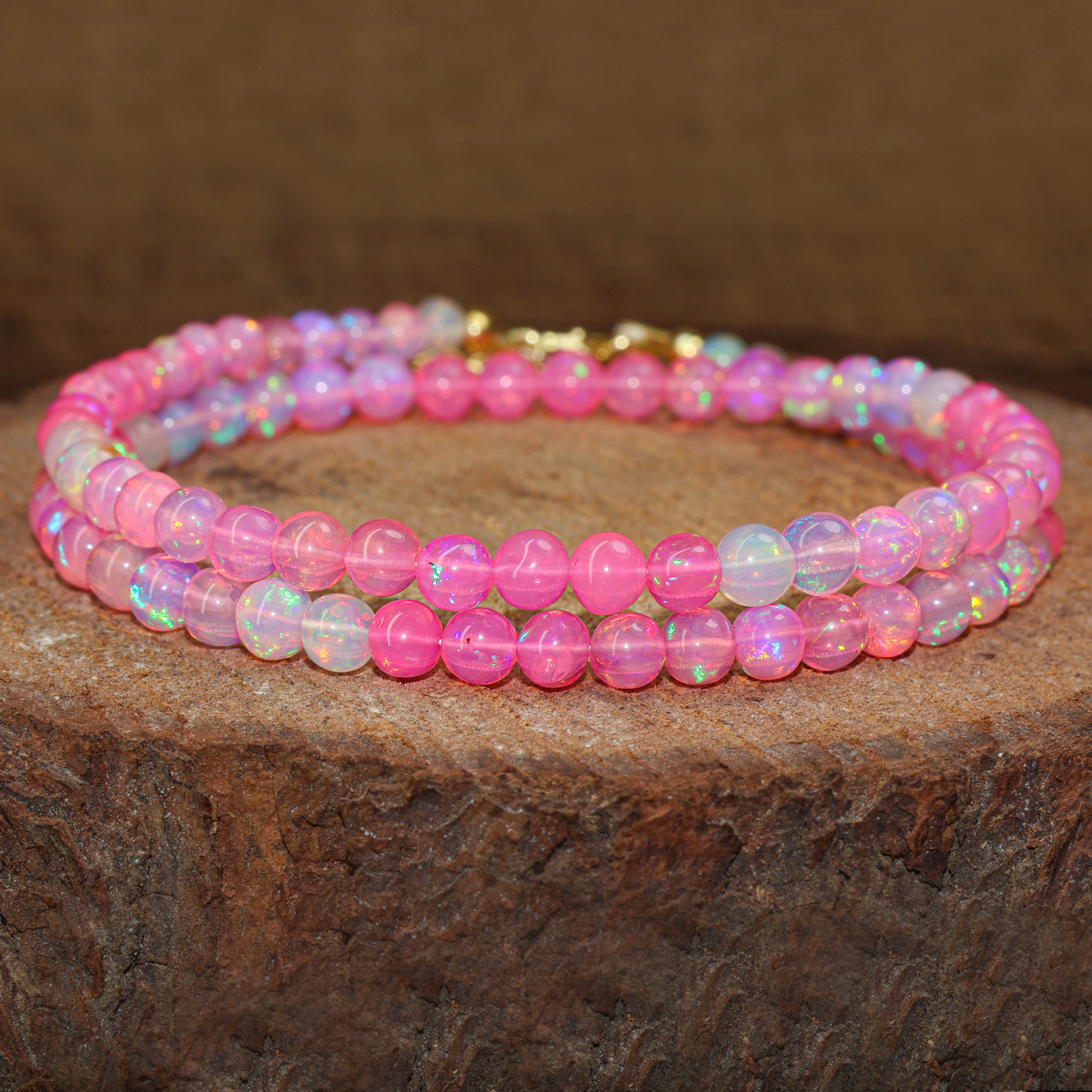 Multifire Pink Opal Round Gemstone Shaded Necklace