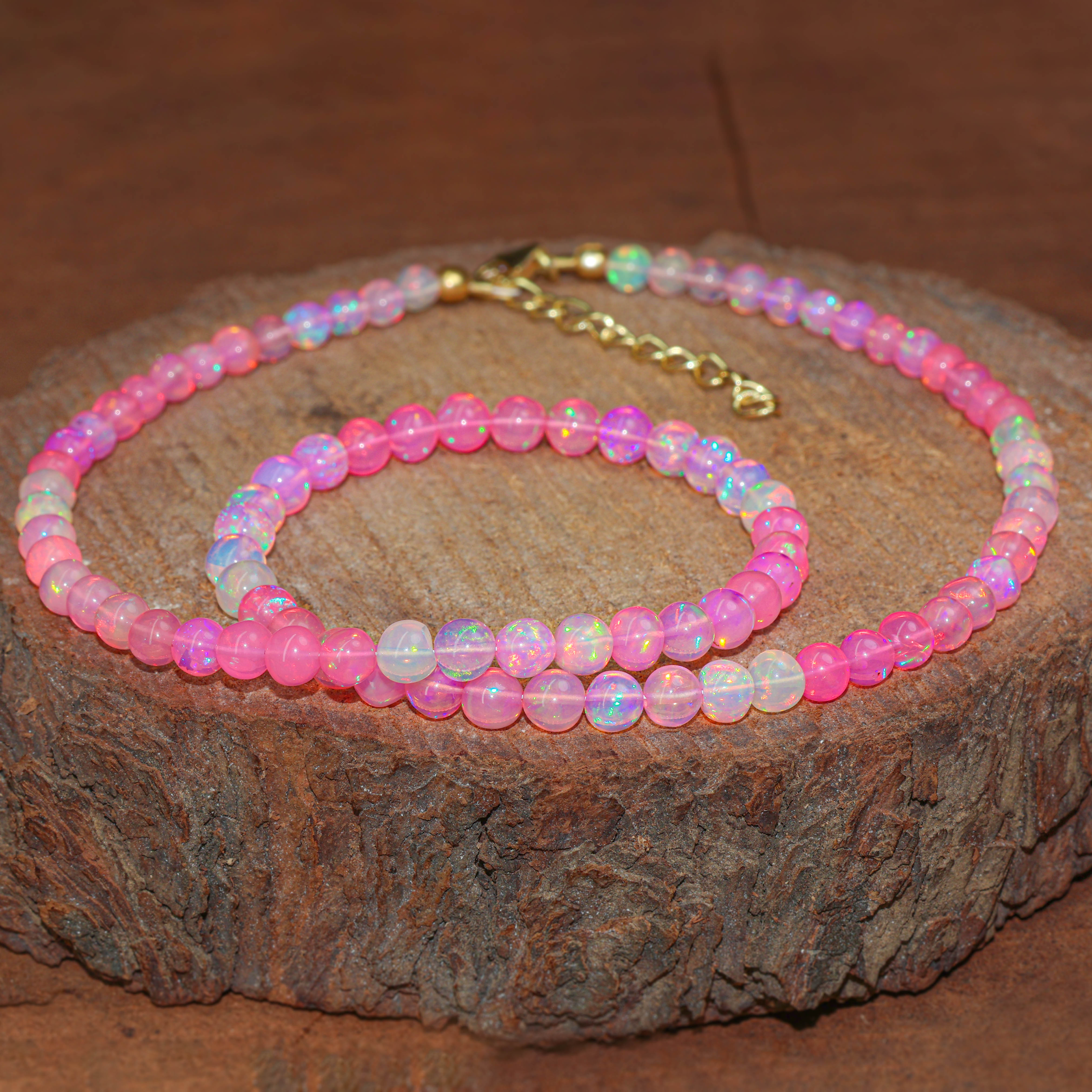 Multifire Pink Opal Round Gemstone Shaded Necklace