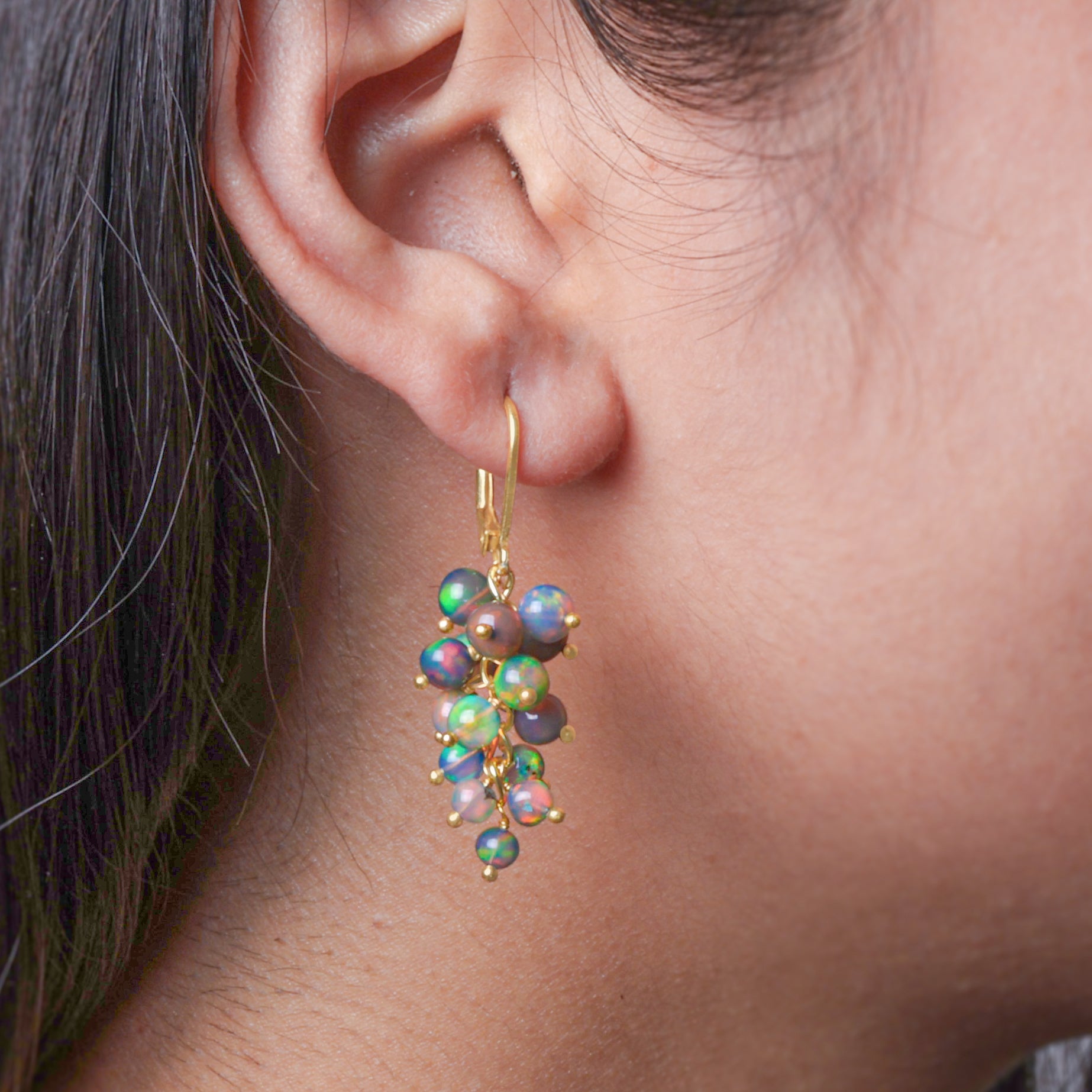 Fire Black Opal Round Beads Cluster Earrings for Her