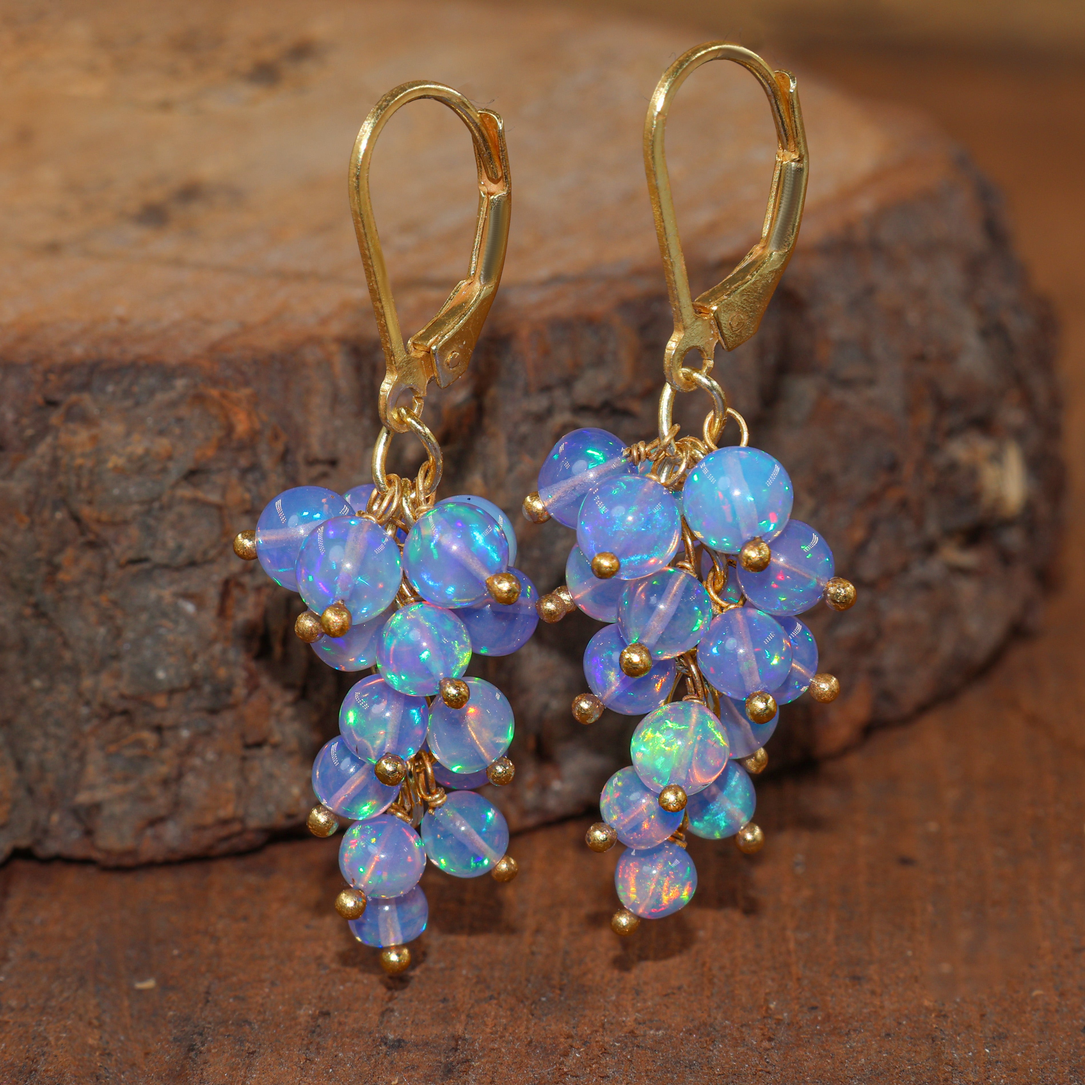 Natural Blue Opal Round Beads Cluster Earrings for Her