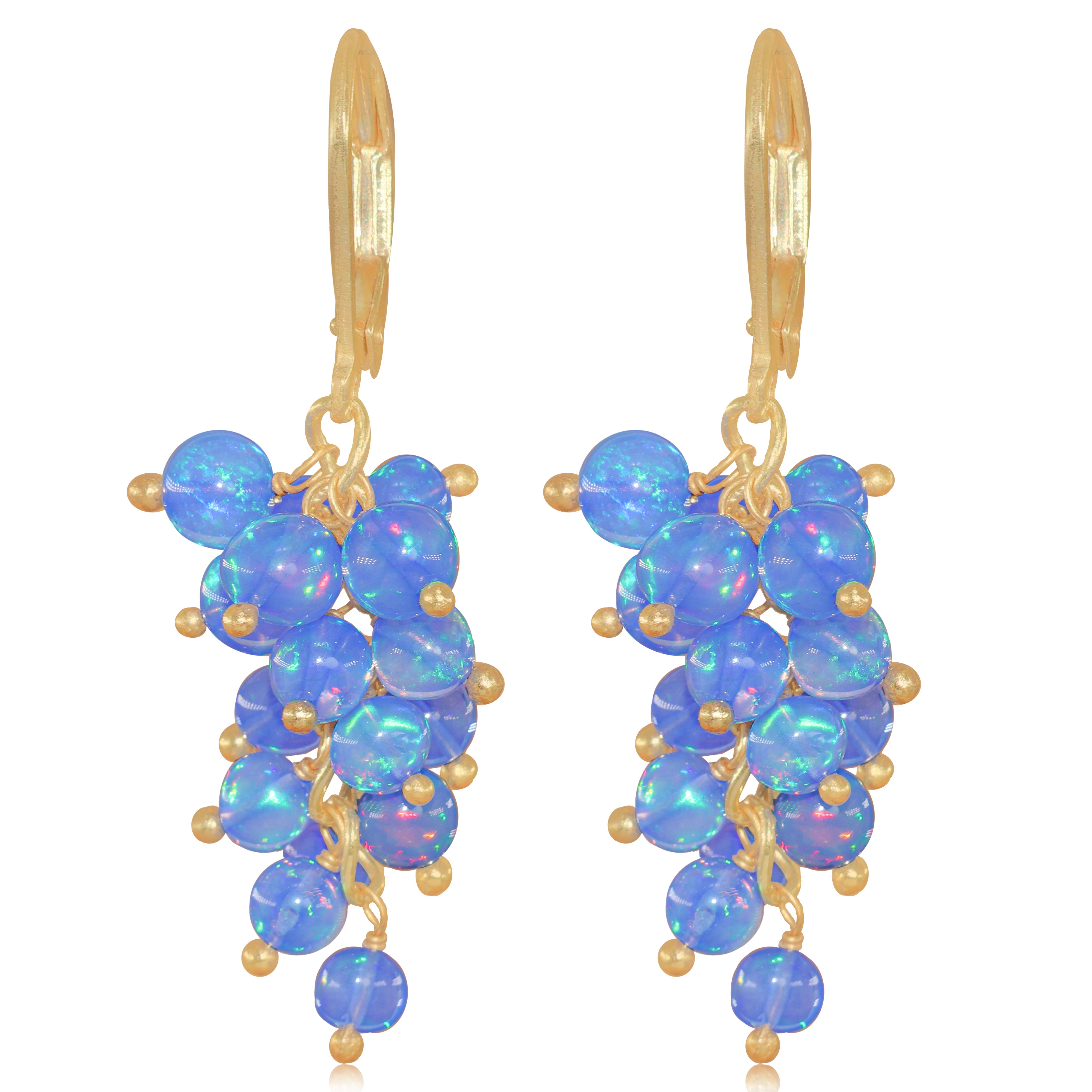 Natural Blue Opal Round Beads Cluster Earrings for Her
