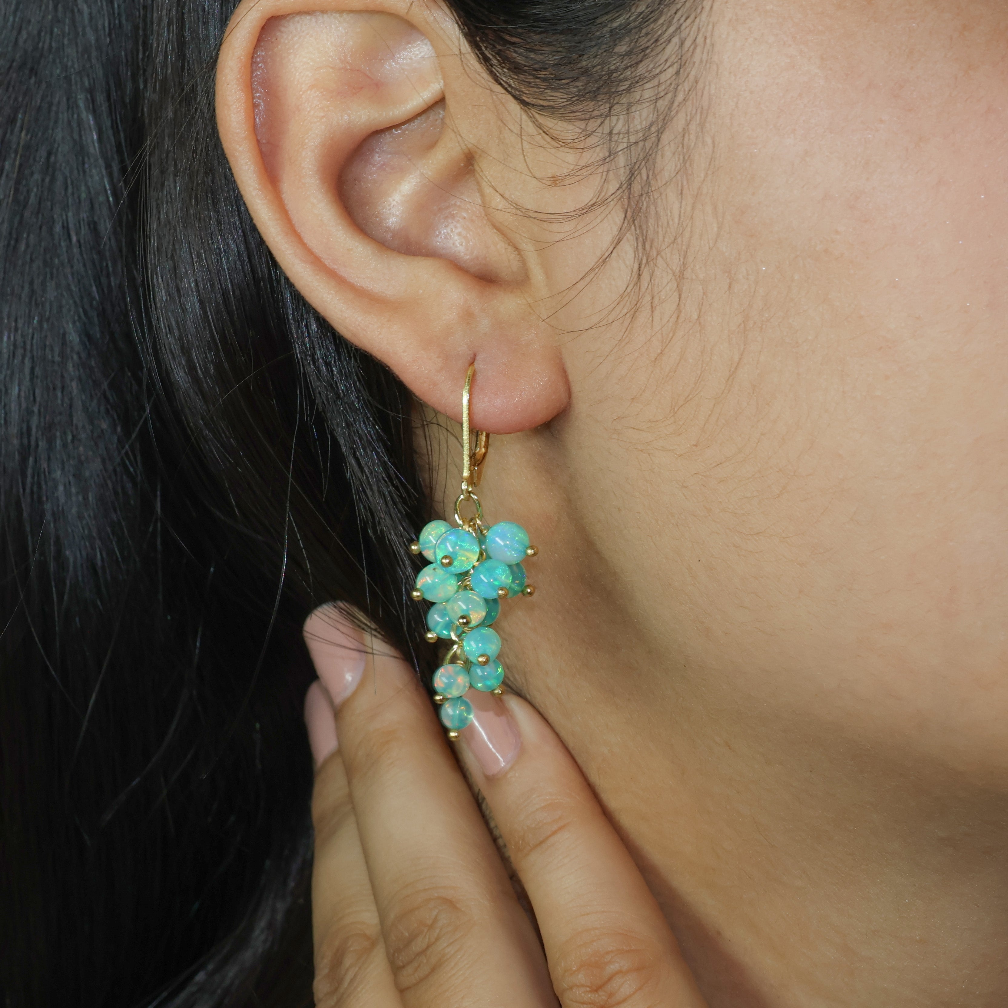 Genuine Green Opal Round Beads Cluster Earrings for Her